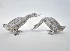 Pair of Silver Plate Bronze Geese or Mallard Ducks, Spain, c. 1970