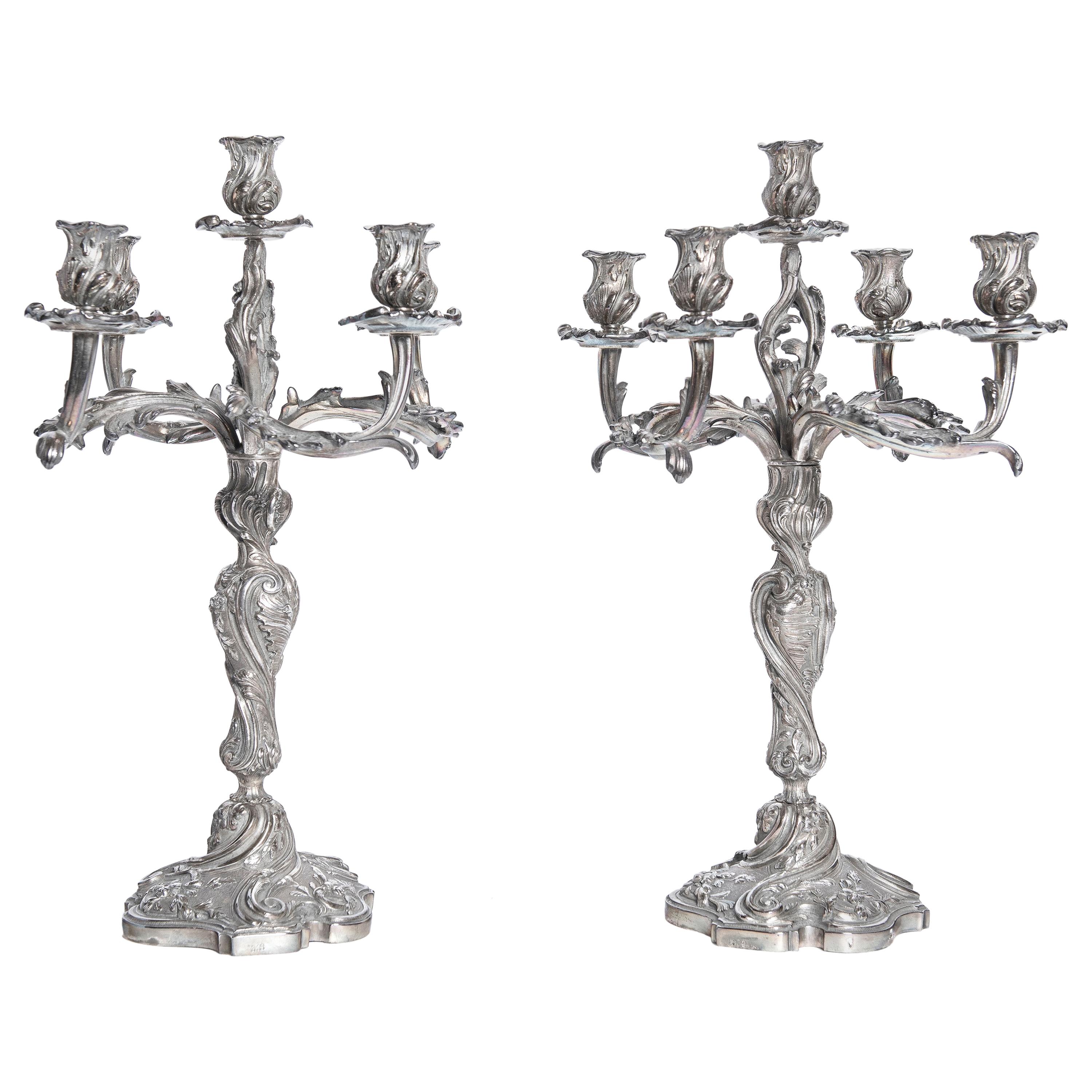 Pair of Silver Plate Candelabras Signed Christofle, France, Early 20th Century