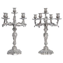 Antique Pair of Silver Plate Candelabras Signed Christofle, France, Early 20th Century