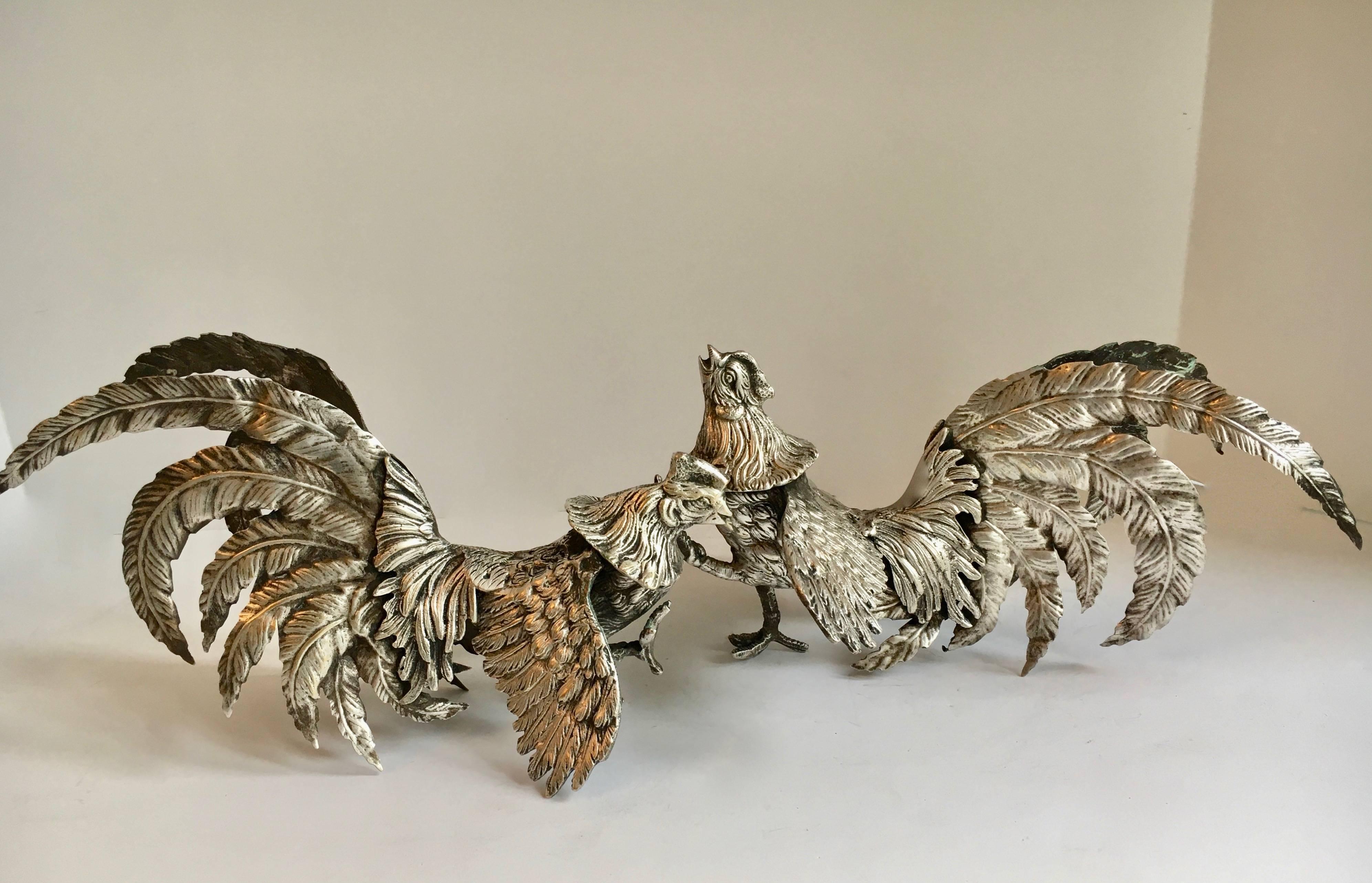 Pair of silver plate cockerels roosters bookends - a great vintage pair, also could be used as decoration or paper weights. Cute with the little rooster kicking his foot out!