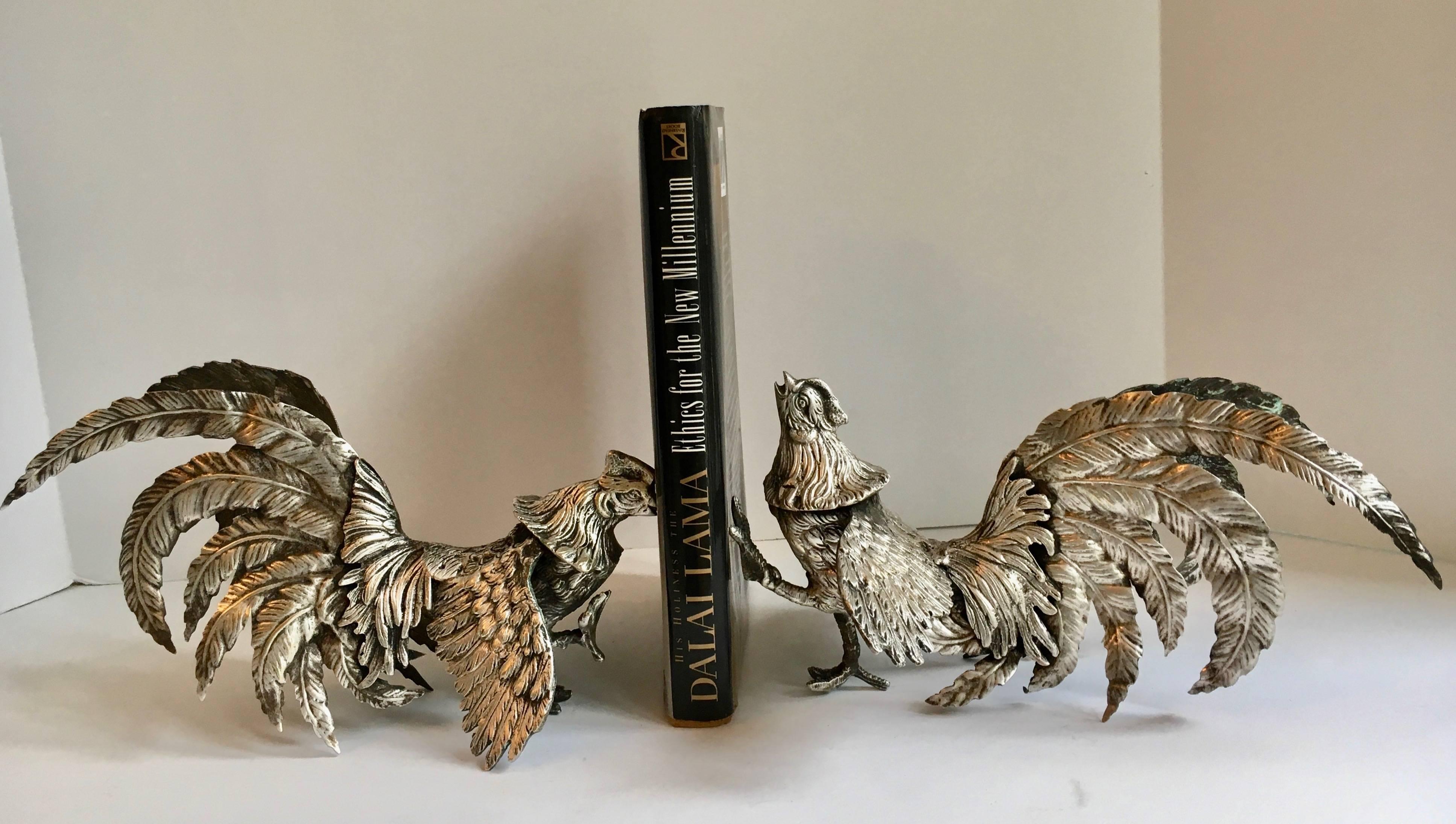 French Pair of Silver Plate Cockerals Roosters Bookends