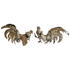 Pair of Silver Plate Cockerals Roosters Bookends