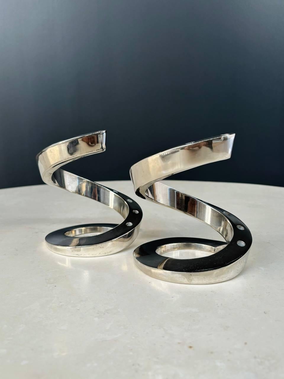 Mid-Century Modern Pair of Silver Plate Coil Snake Candle Holders by Bertil Vallien for Dansk For Sale