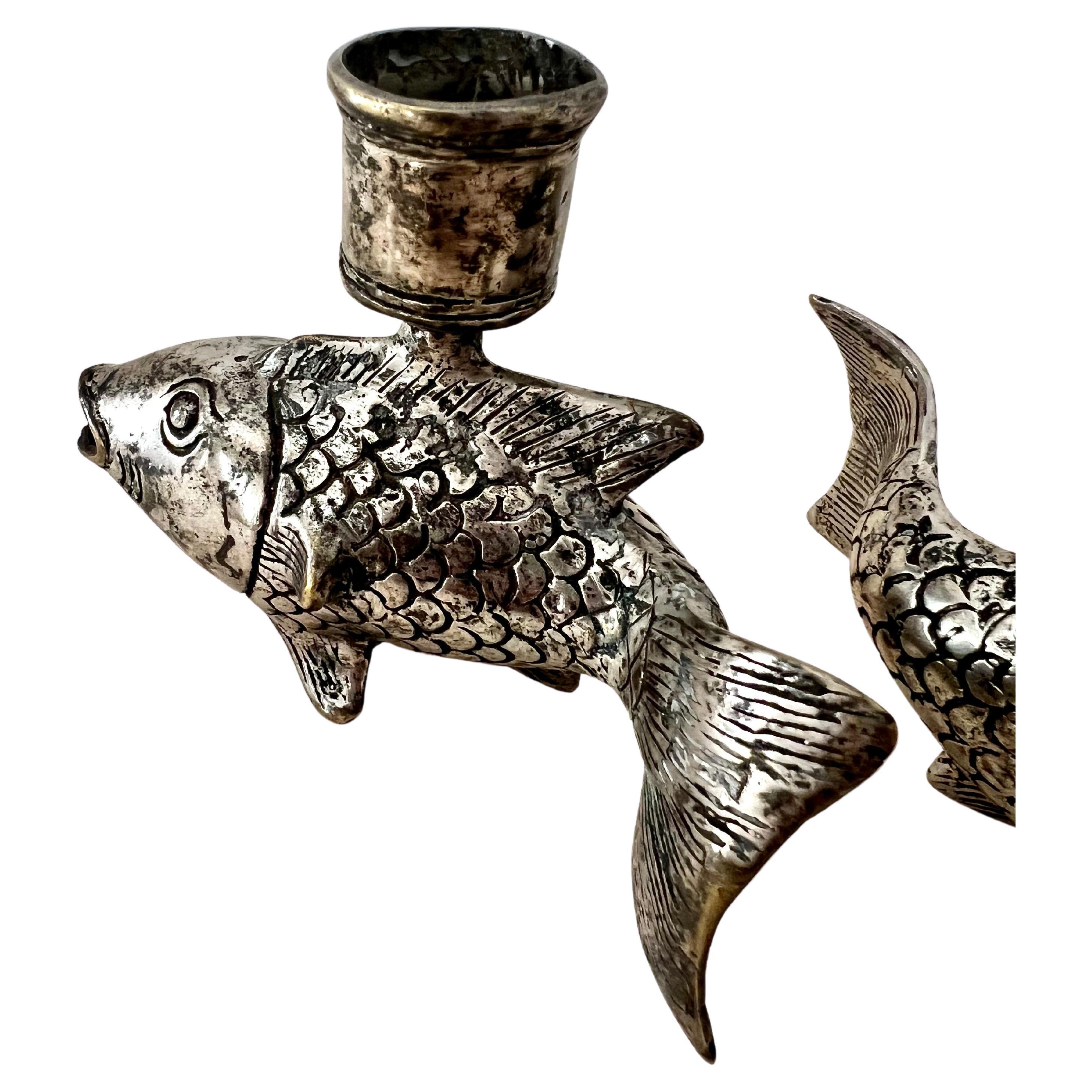 Mid-Century Modern Pair of Silver Plate Koi Fish Candlesticks