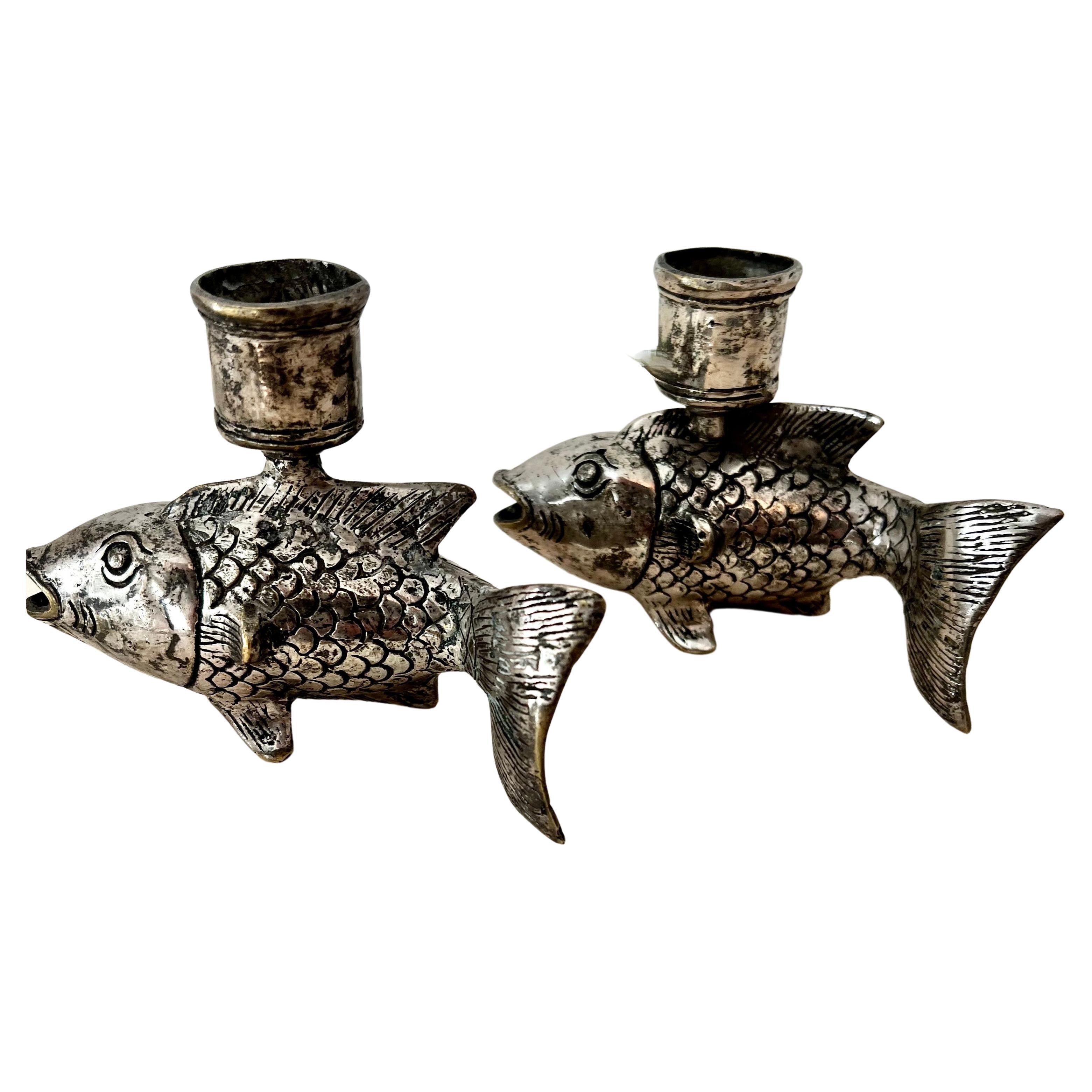 Patinated Pair of Silver Plate Koi Fish Candlesticks