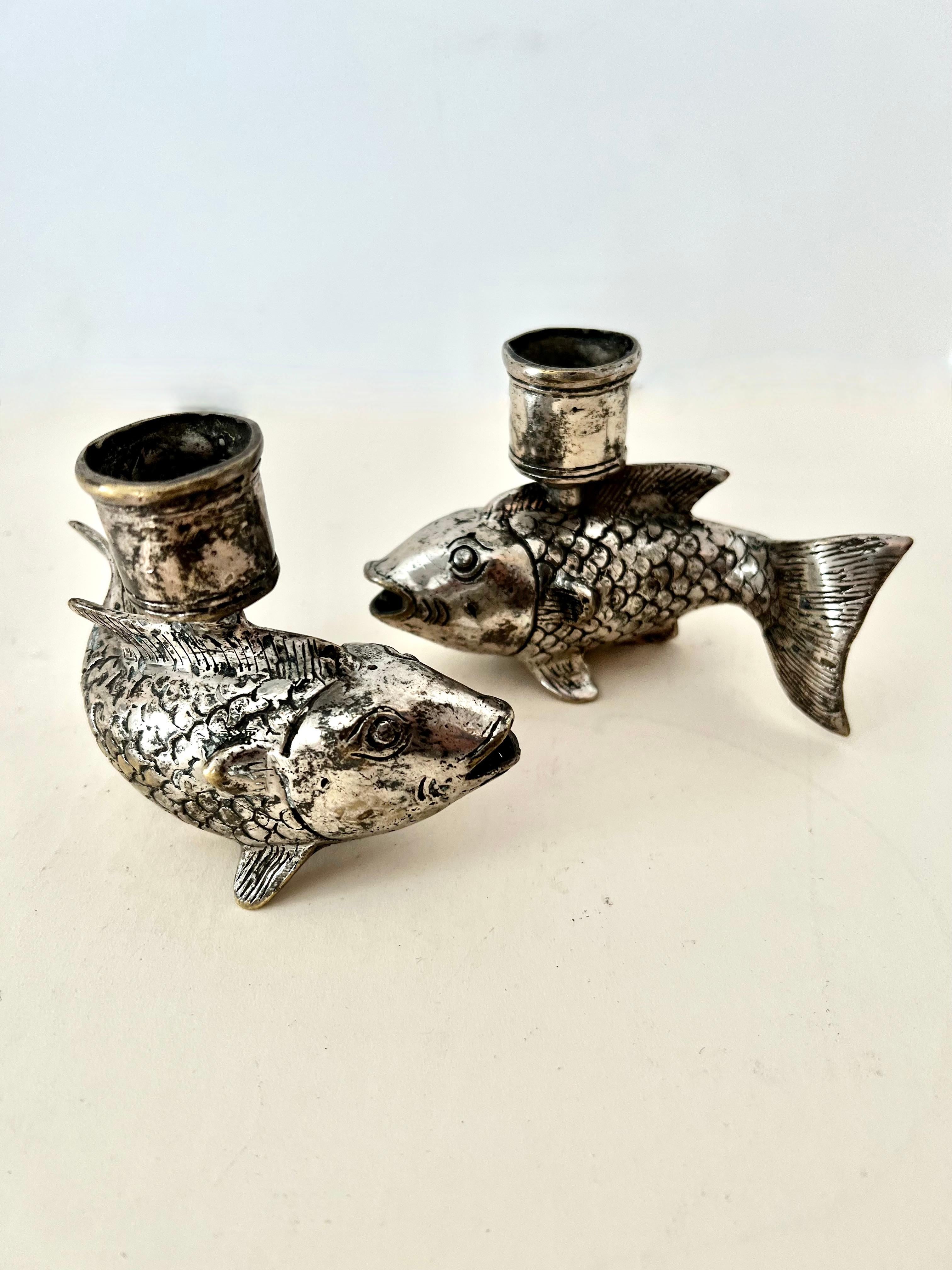 Pair of Silver Plate Koi Fish Candlesticks In Good Condition In Los Angeles, CA