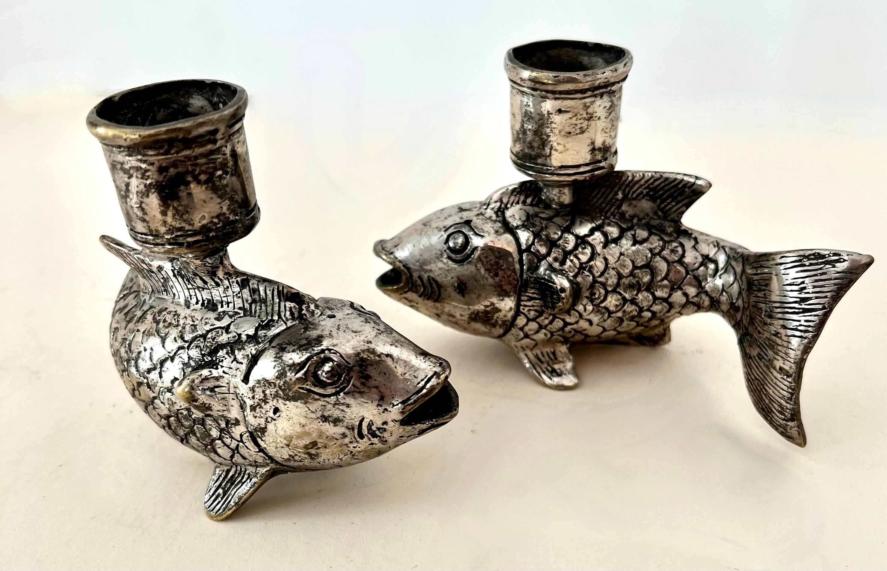 20th Century Pair of Silver Plate Koi Fish Candlesticks