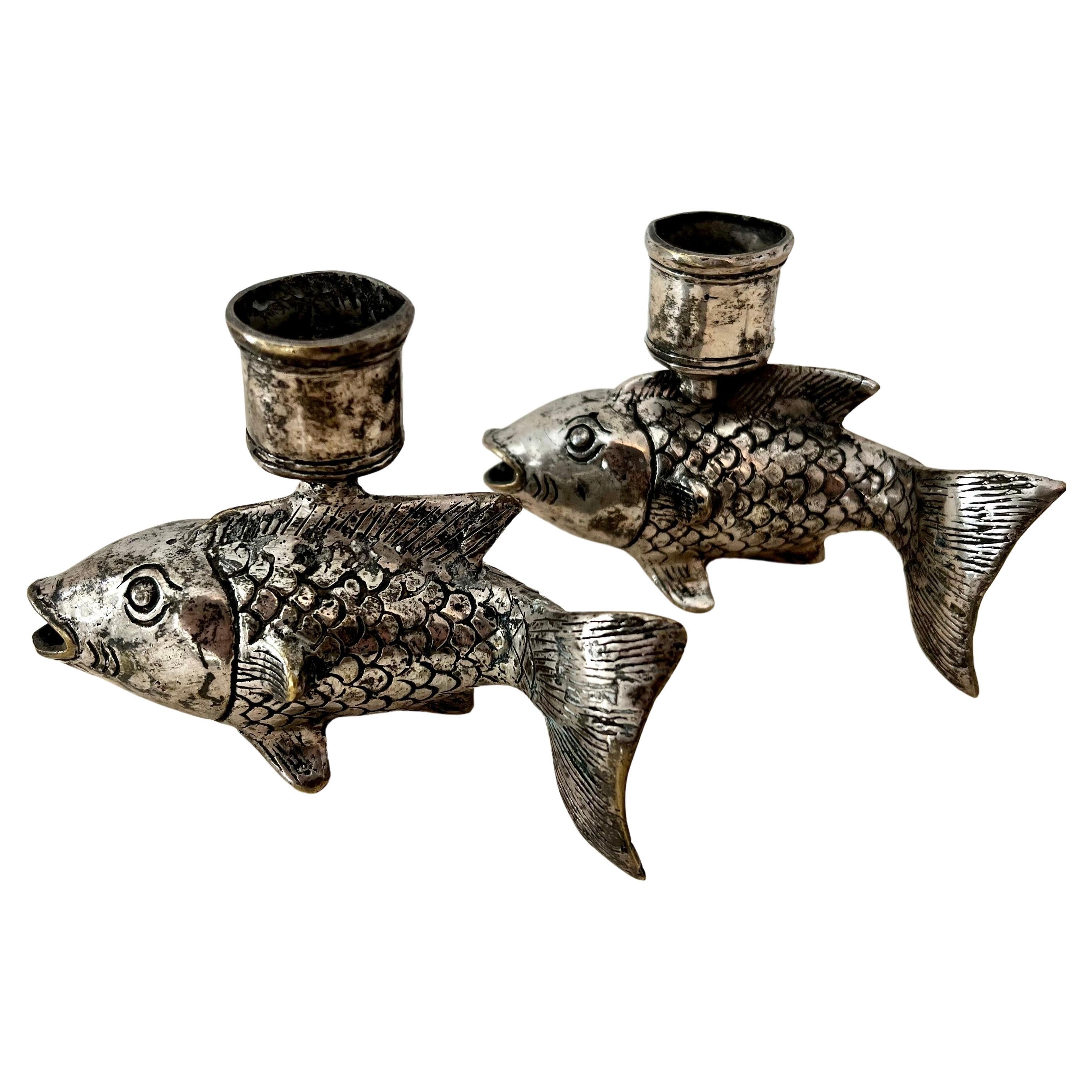 Pair of Silver Plate Koi Fish Candlesticks