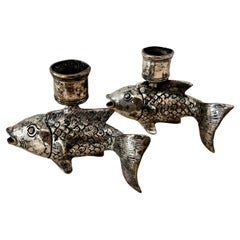 Pair of Silver Plate Koi Fish Candlesticks