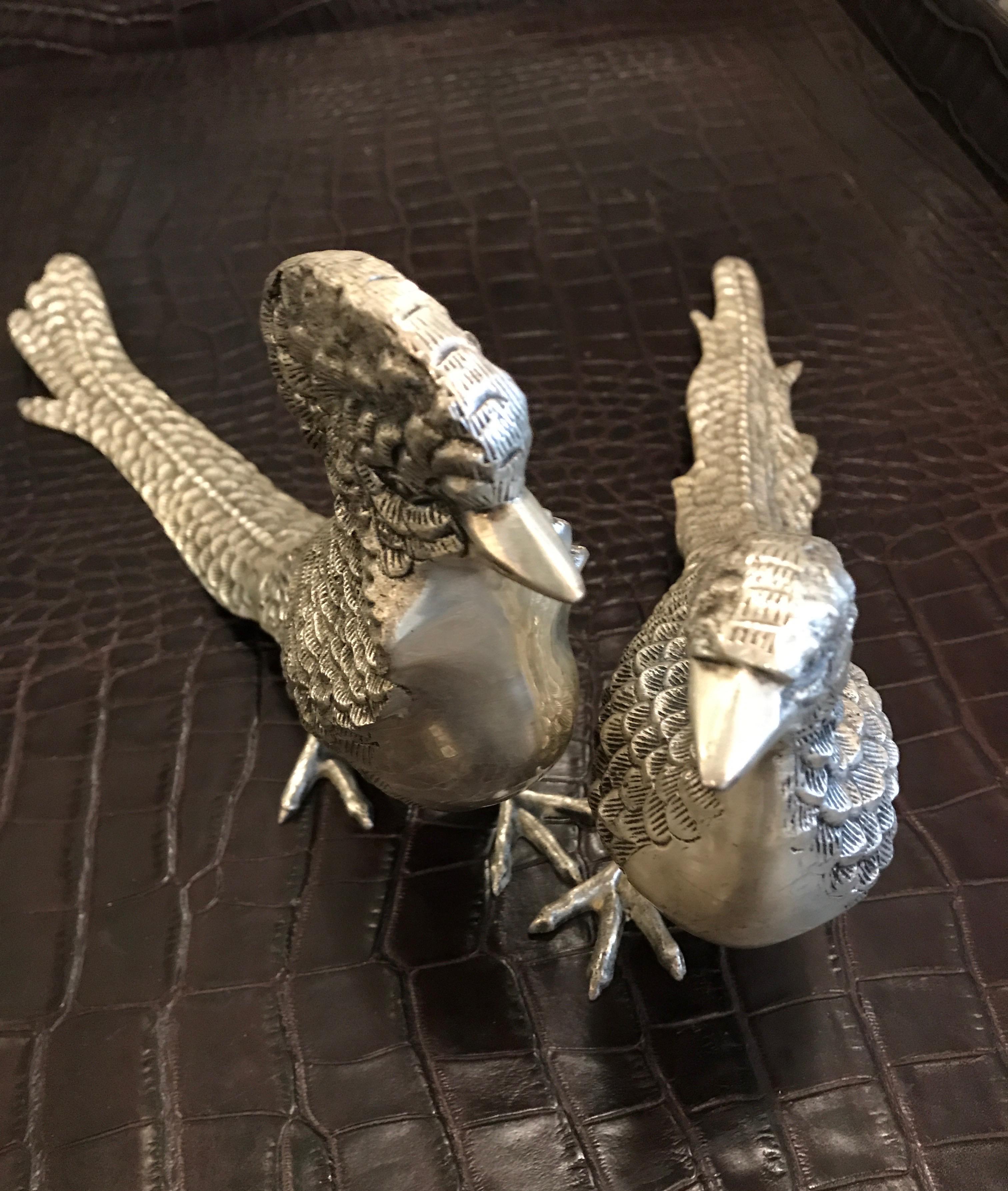 20th Century Pair of Silver Plate Pheasants