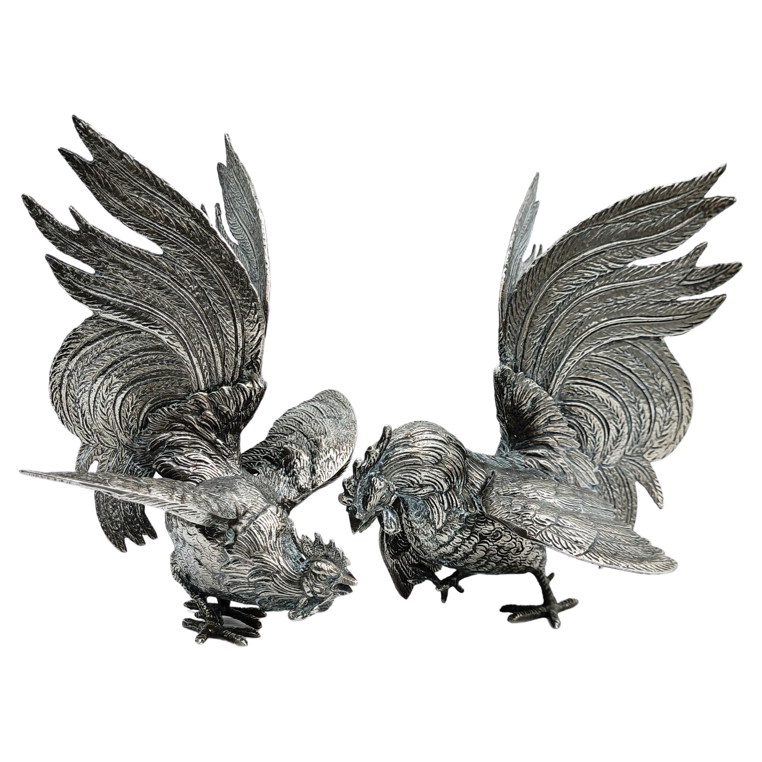 Pair of Silver Plate Roosters, France, 1960s For Sale