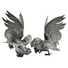 Antique Pair of Silver Plate Roosters, France, 1960s