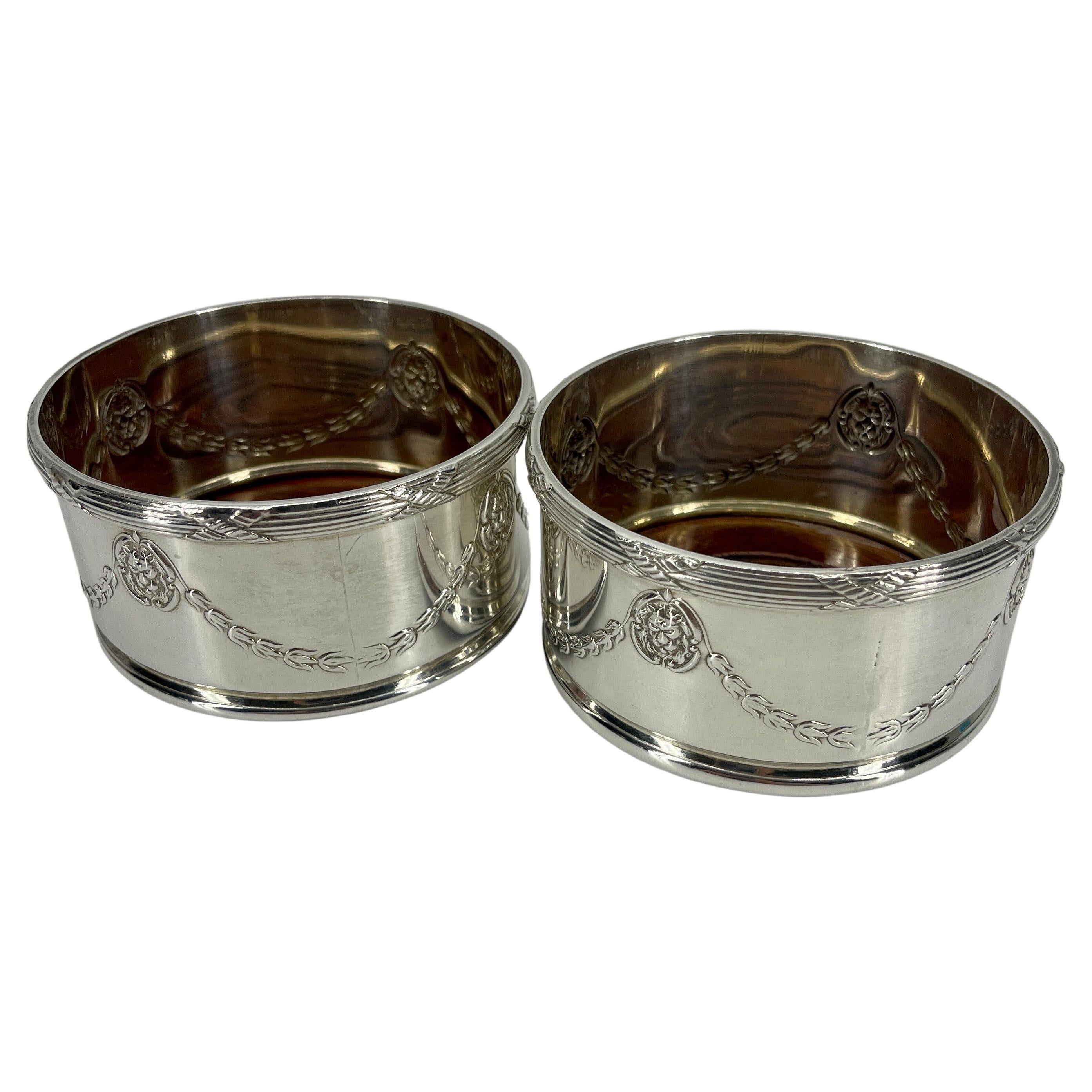 Pair of Silver Plate Wine Coasters on Bombay Sides For Sale