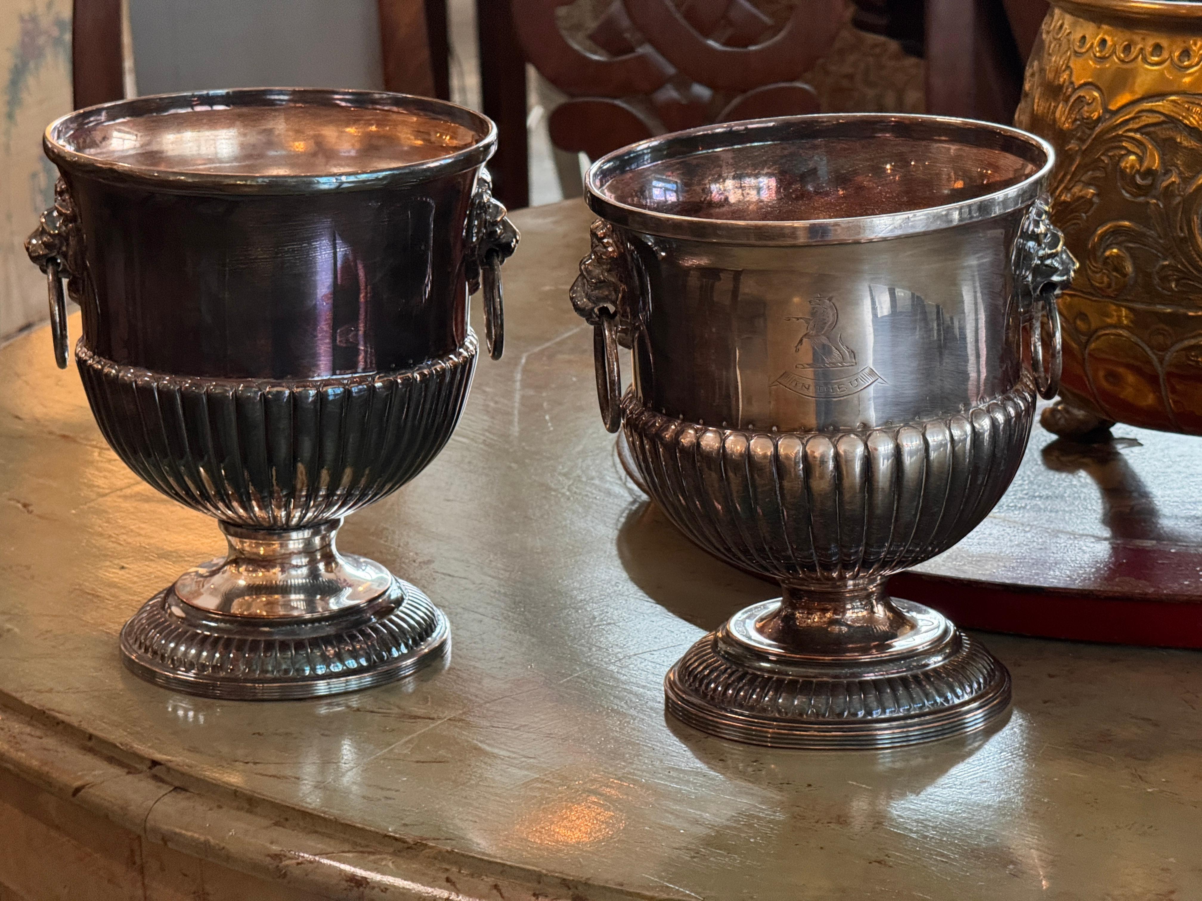 British Pair of Silver Plate Wine Coolers With Lion-Mask Ring Handles For Sale