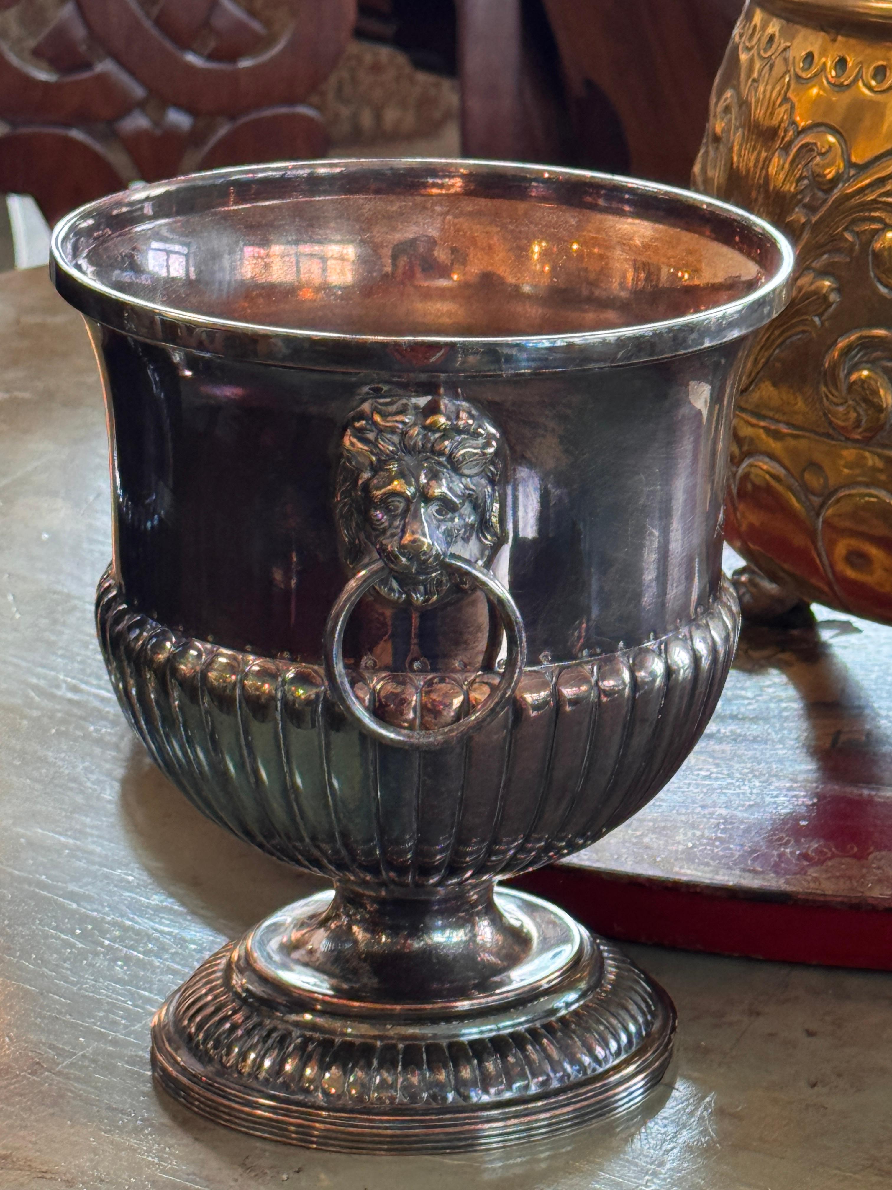 Pair of Silver Plate Wine Coolers With Lion-Mask Ring Handles In Good Condition For Sale In Charlottesville, VA