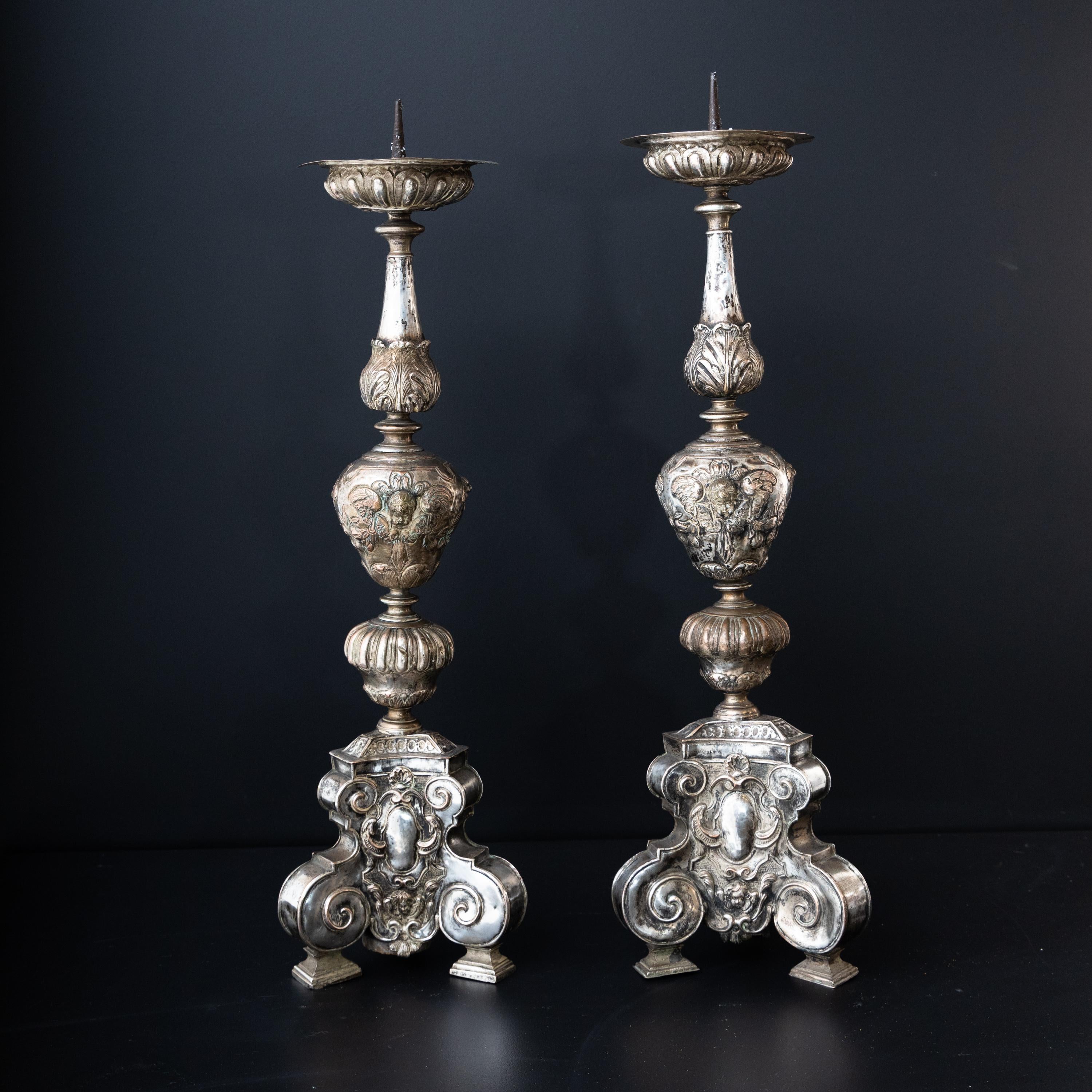 Pair of Silver-Plated Altar Candlesticks, Italy, 17th Century 4