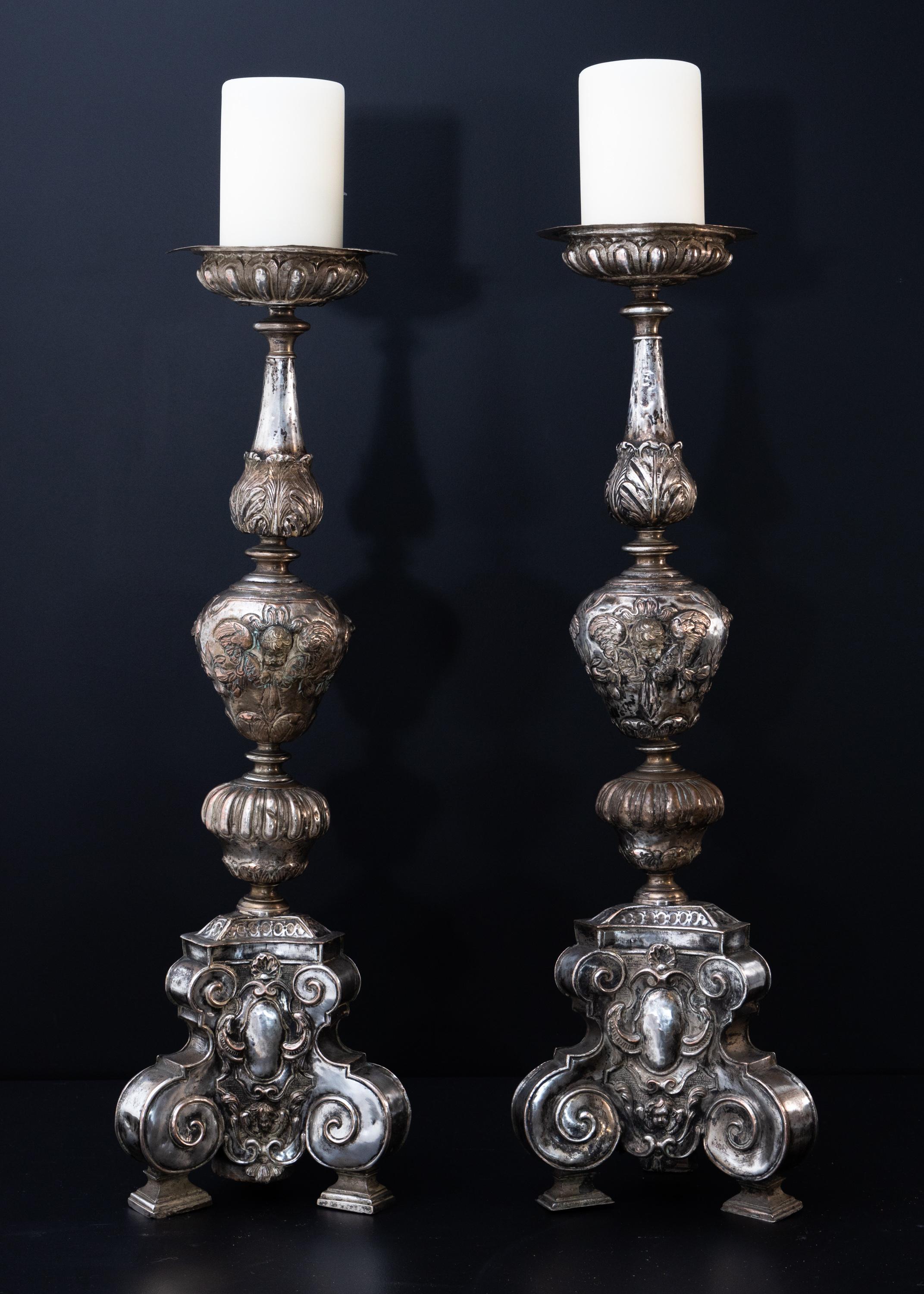 Pair of Silver-Plated Altar Candlesticks, Italy, 17th Century 5