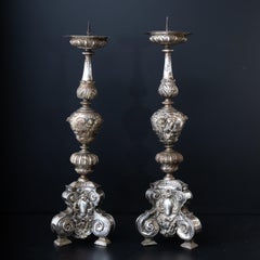 Pair of Silver-Plated Altar Candlesticks, Italy, 17th Century