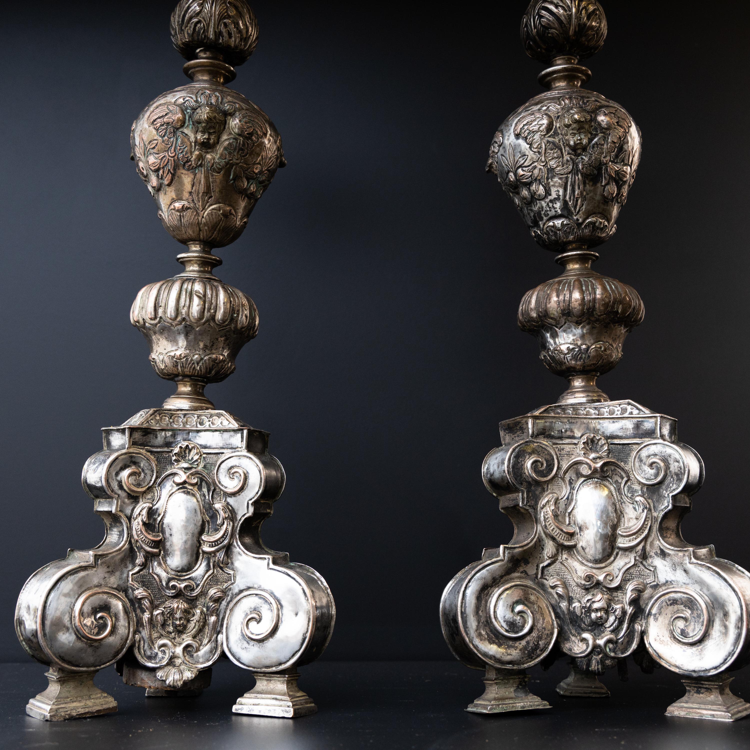 Renaissance Pair of Silver-Plated Altar Candlesticks, Italy, 17th Century