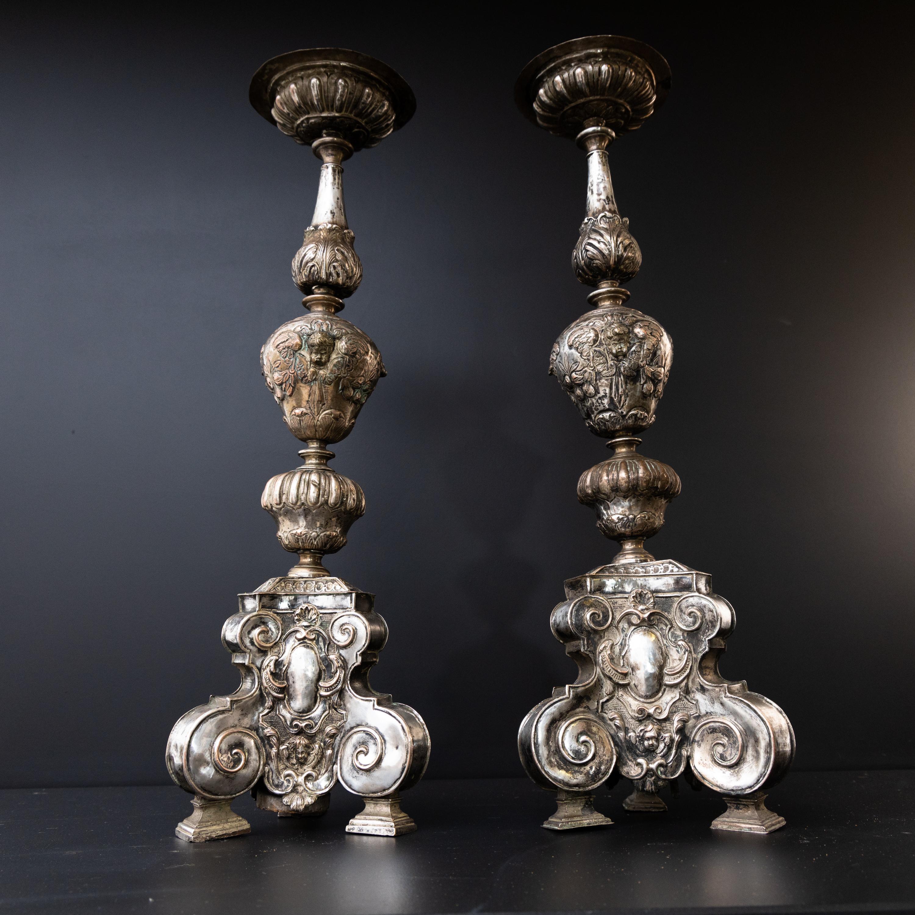 Italian Pair of Silver-Plated Altar Candlesticks, Italy, 17th Century