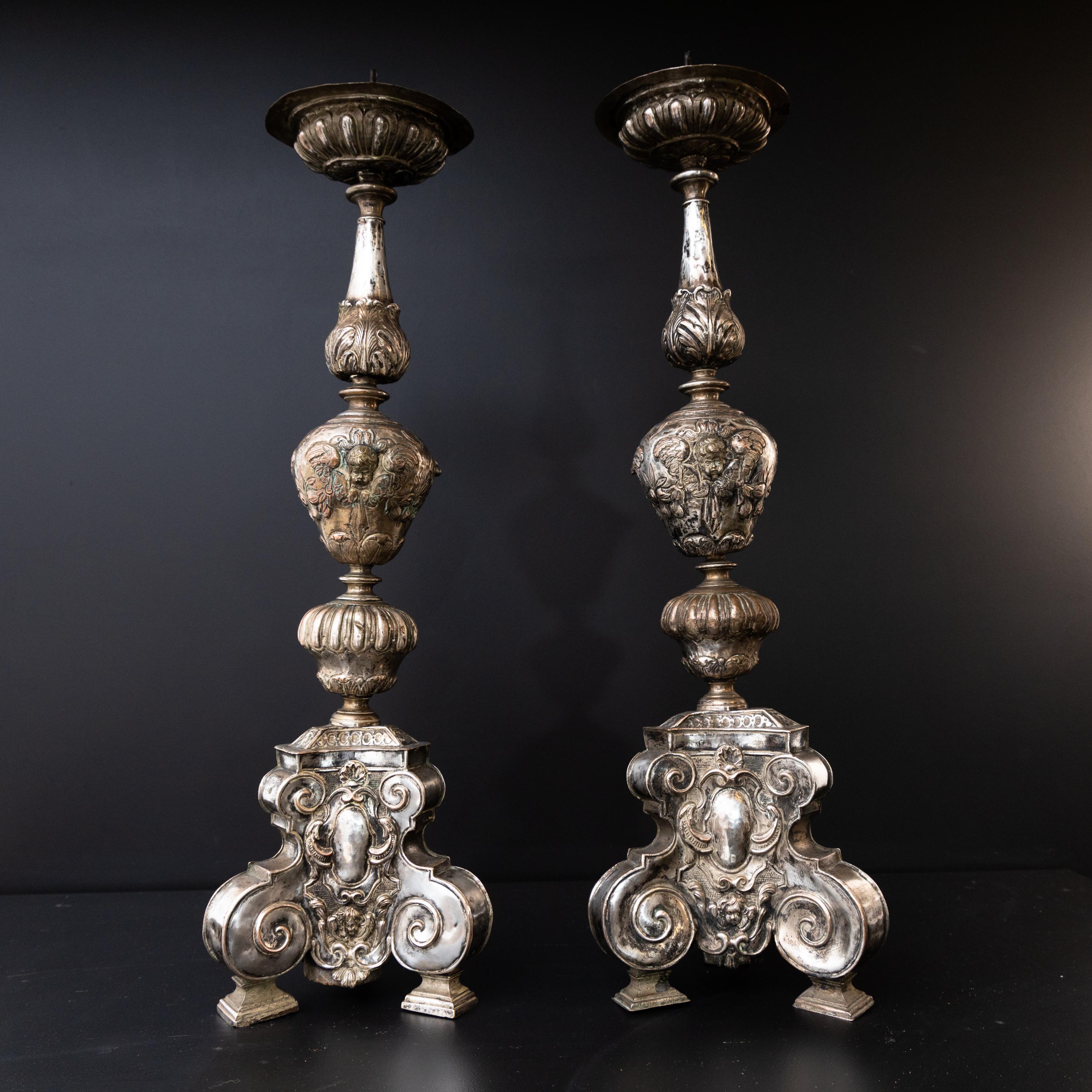 Pair of Silver-Plated Altar Candlesticks, Italy, 17th Century In Good Condition In Greding, DE