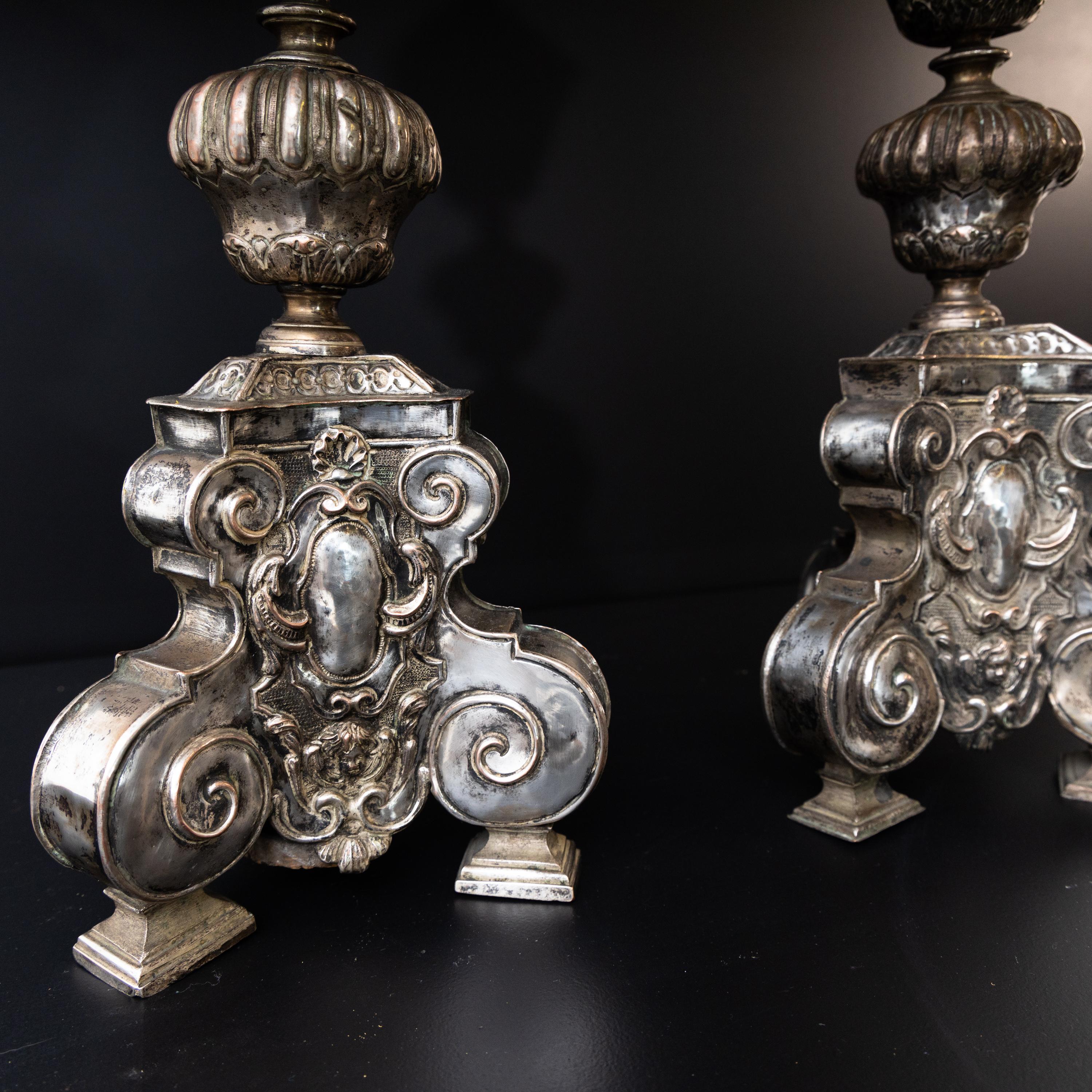 18th Century and Earlier Pair of Silver-Plated Altar Candlesticks, Italy, 17th Century