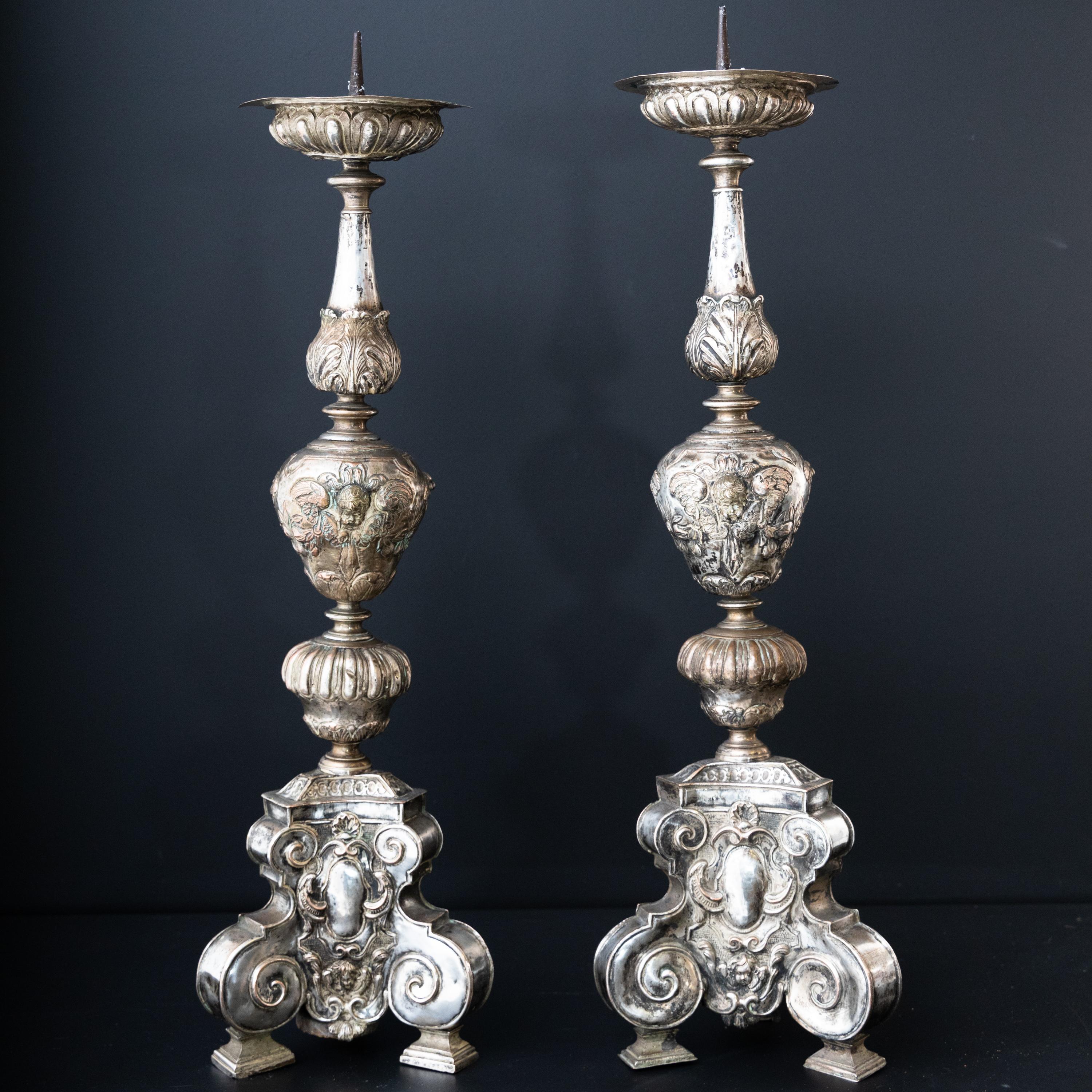 Pair of Silver-Plated Altar Candlesticks, Italy, 17th Century 3