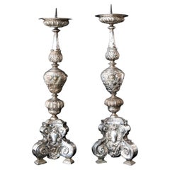 Pair of Silver-Plated Altar Candlesticks, Italy, 17th Century