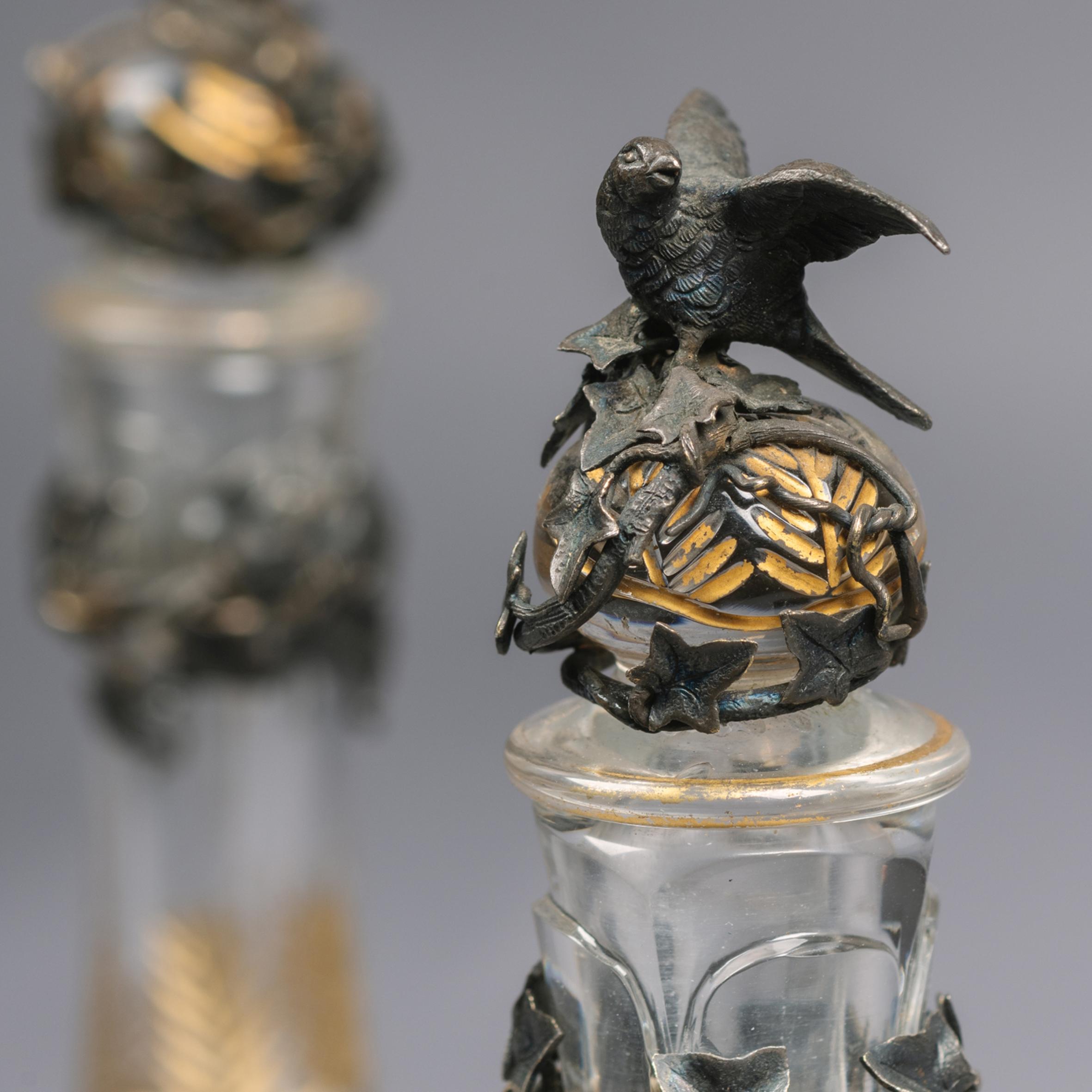 Pair of Silver Plated and Engraved Glass Decanters For Sale at 1stDibs