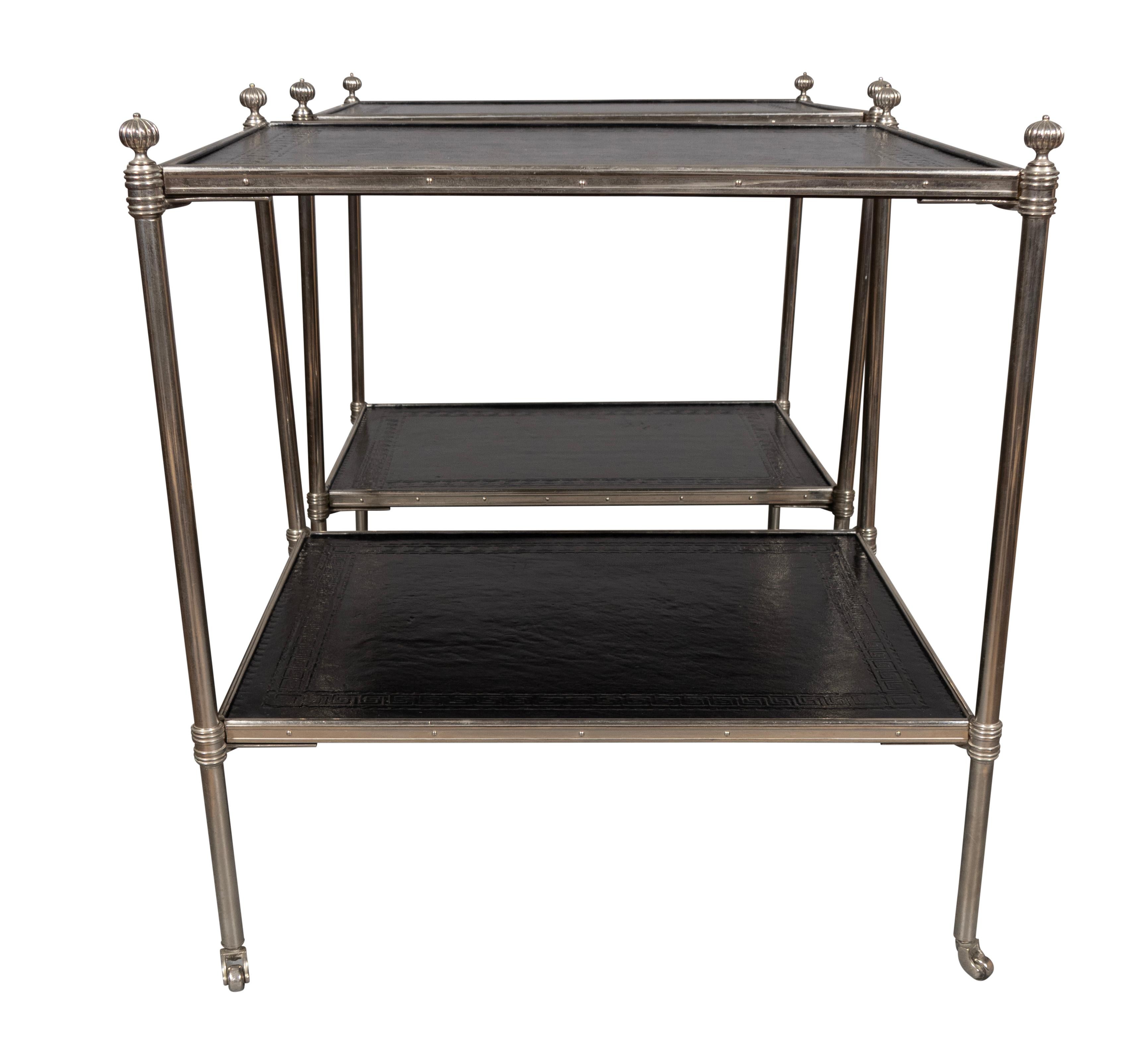 English Pair Of Silver Plated And Leather End Tables