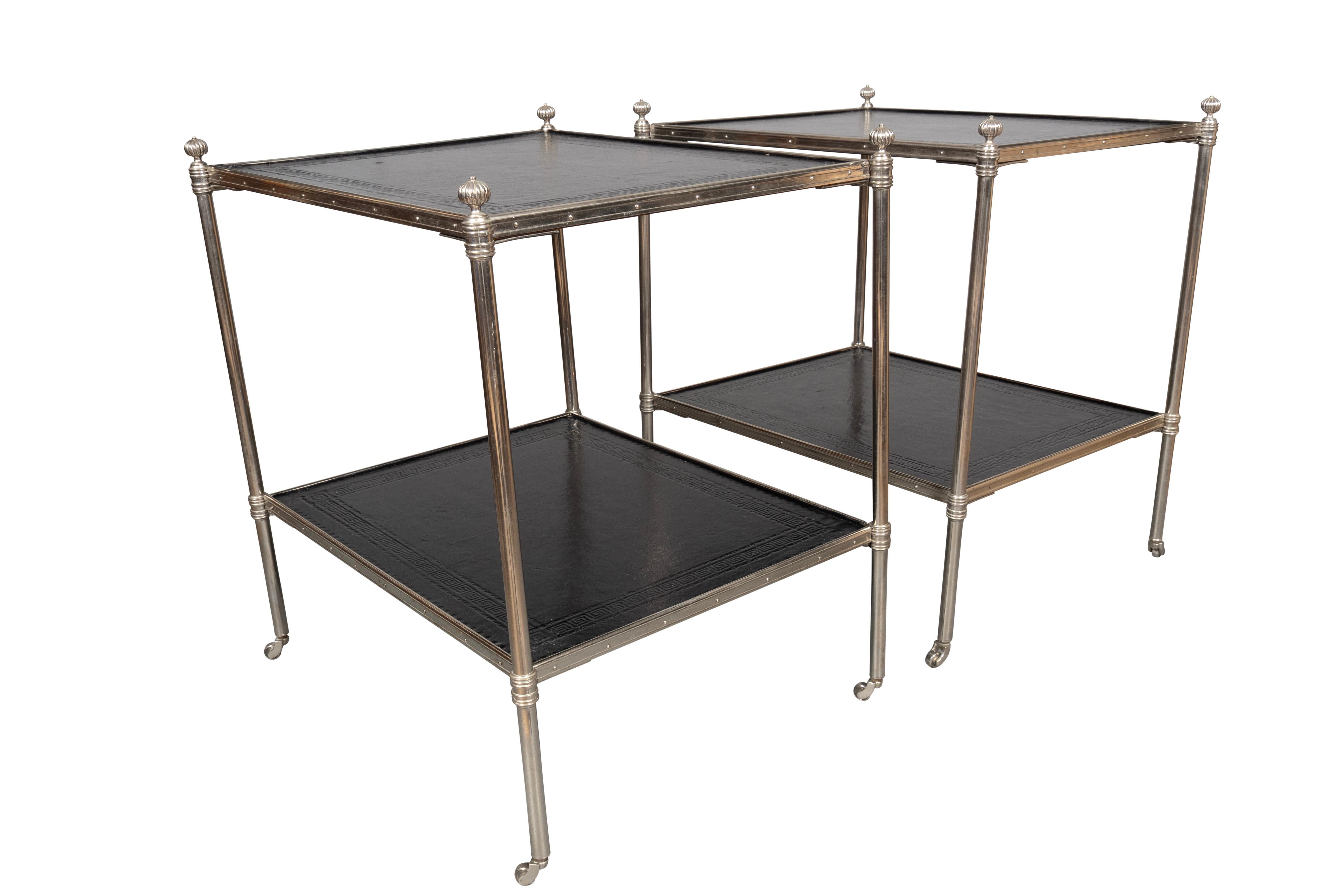 20th Century Pair Of Silver Plated And Leather End Tables