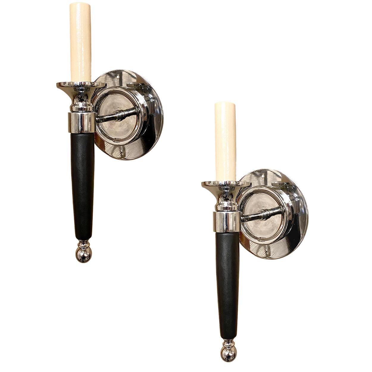 Italian Set of 4 Silver-Plated and Leather Sconces For Sale