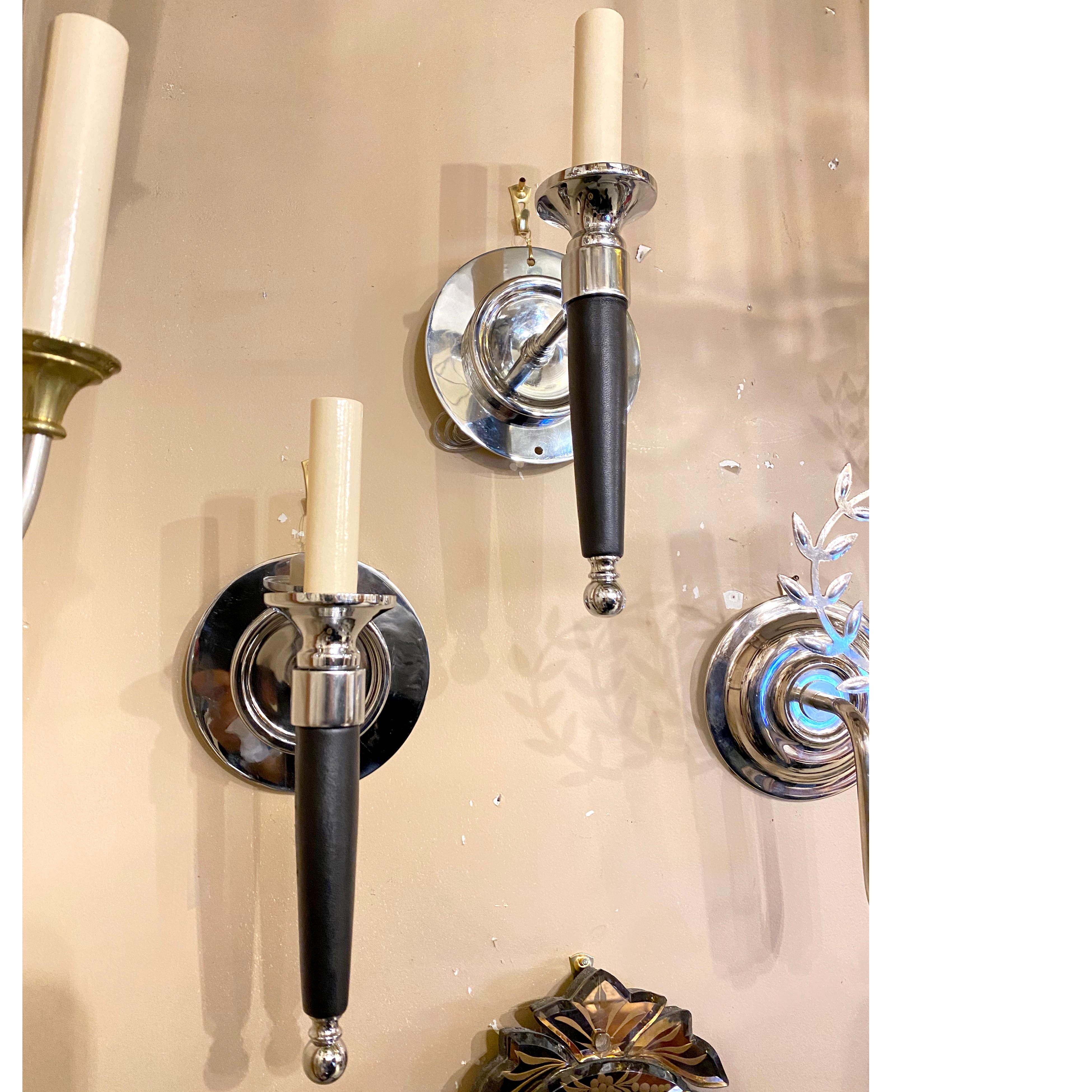 Set of 4 Silver-Plated and Leather Sconces In Good Condition For Sale In New York, NY