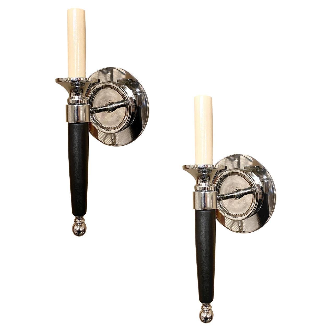 Set of 4 Silver-Plated and Leather Sconces For Sale