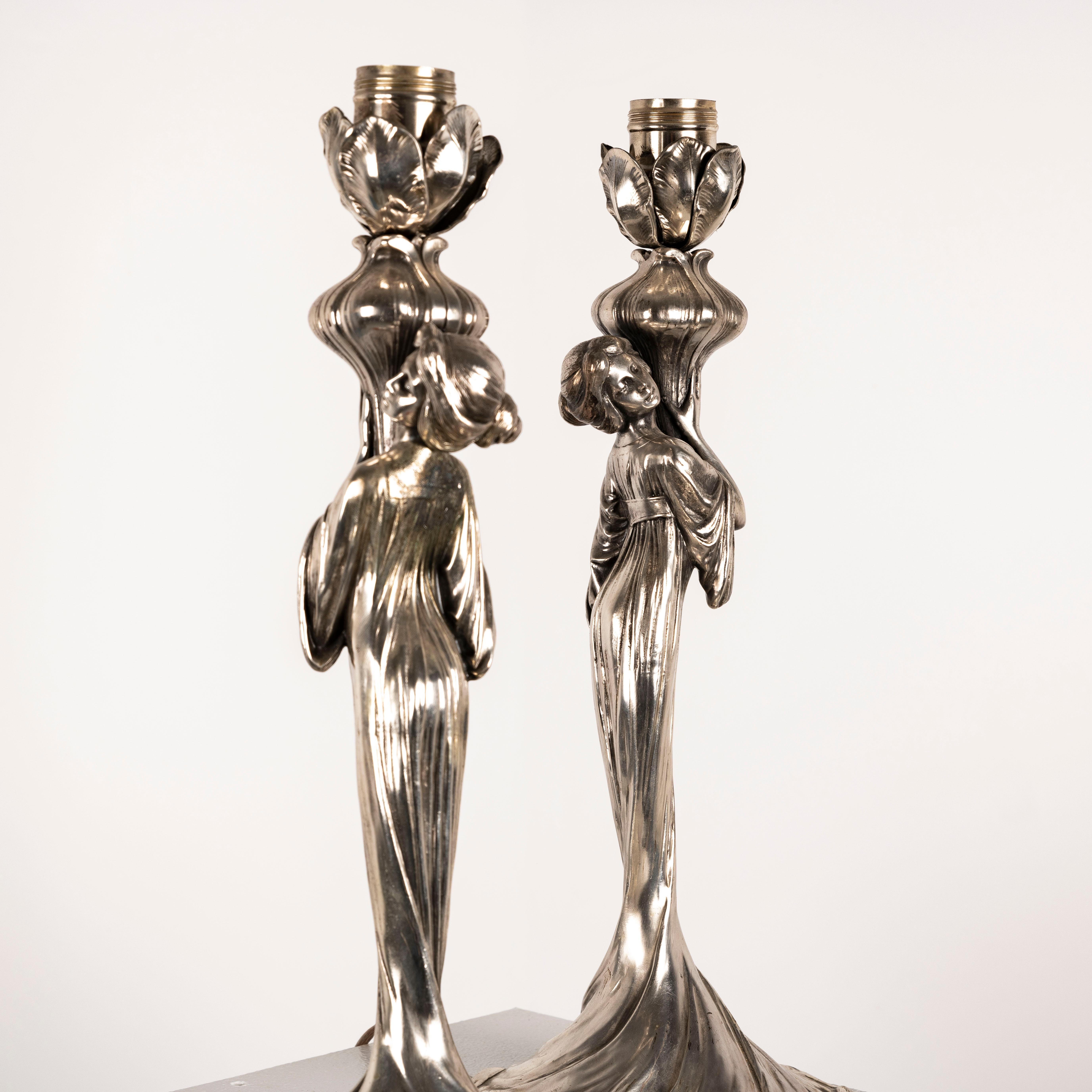 German Pair of silver plated Art Nouveau table lamps by WMF For Sale