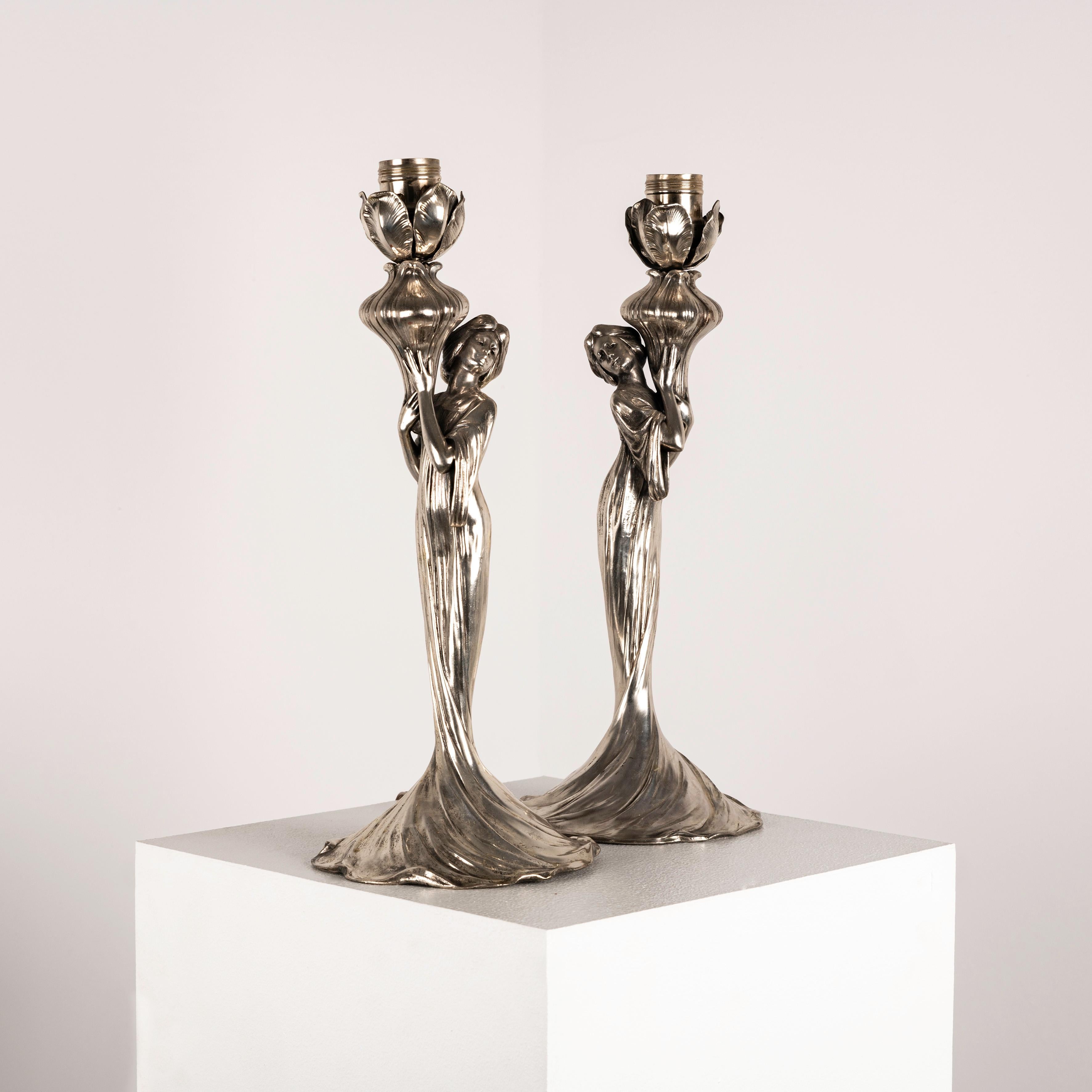 20th Century Pair of silver plated Art Nouveau table lamps by WMF For Sale