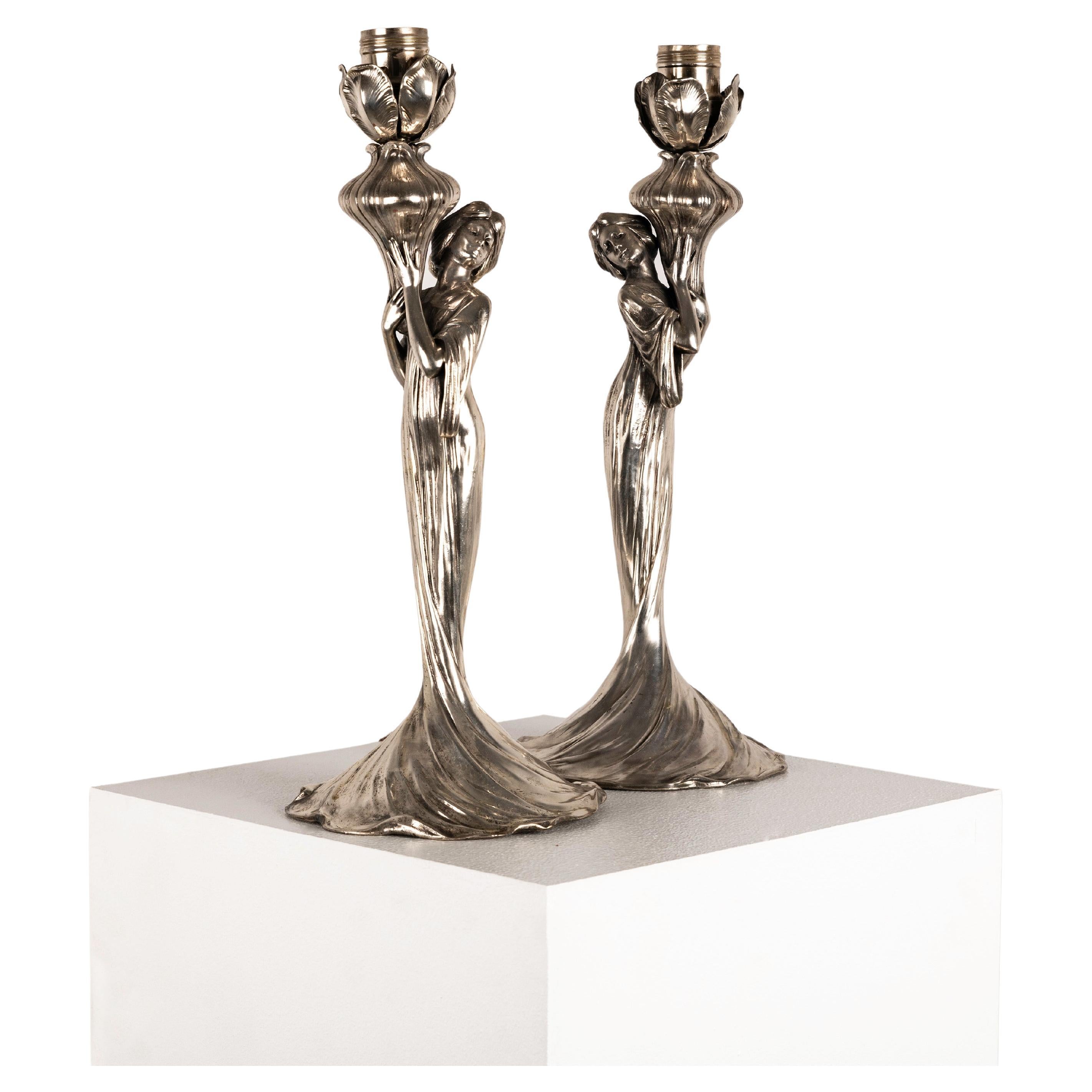Pair of silver plated Art Nouveau table lamps by WMF For Sale