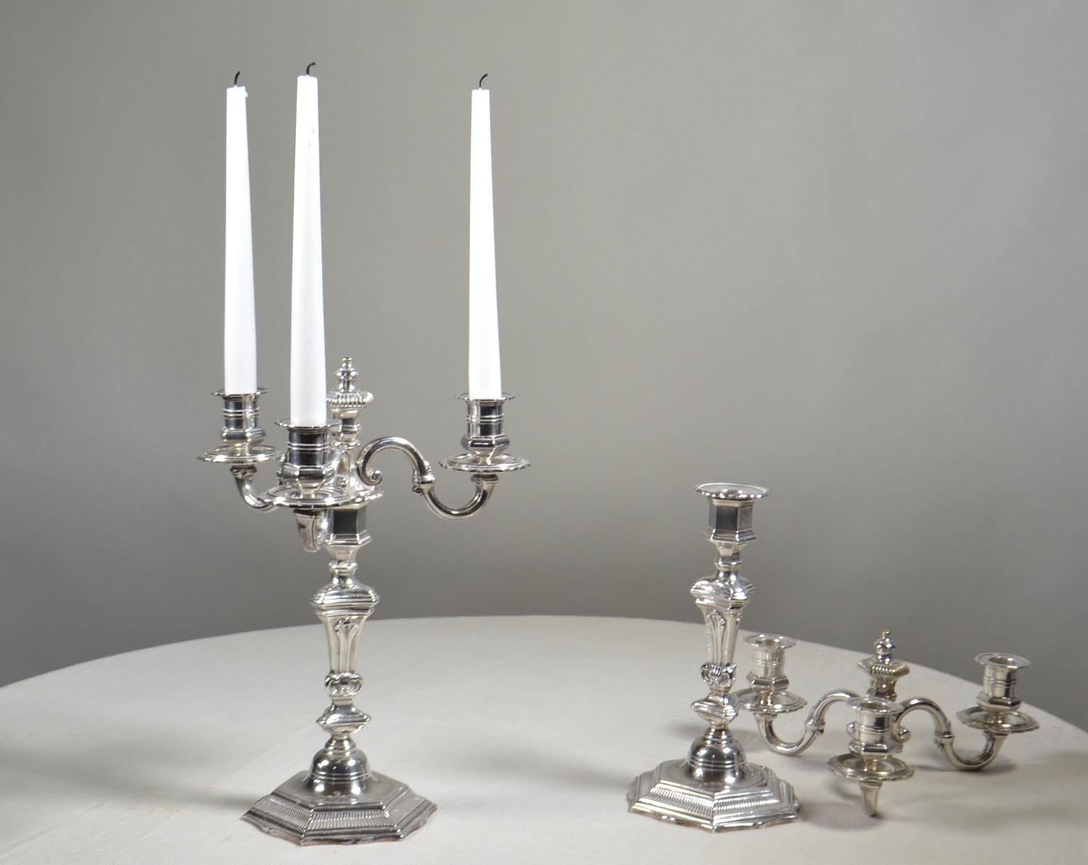 French Pair of Silver Plated Bronze Candelabras, converts to Single Candlesticks For Sale