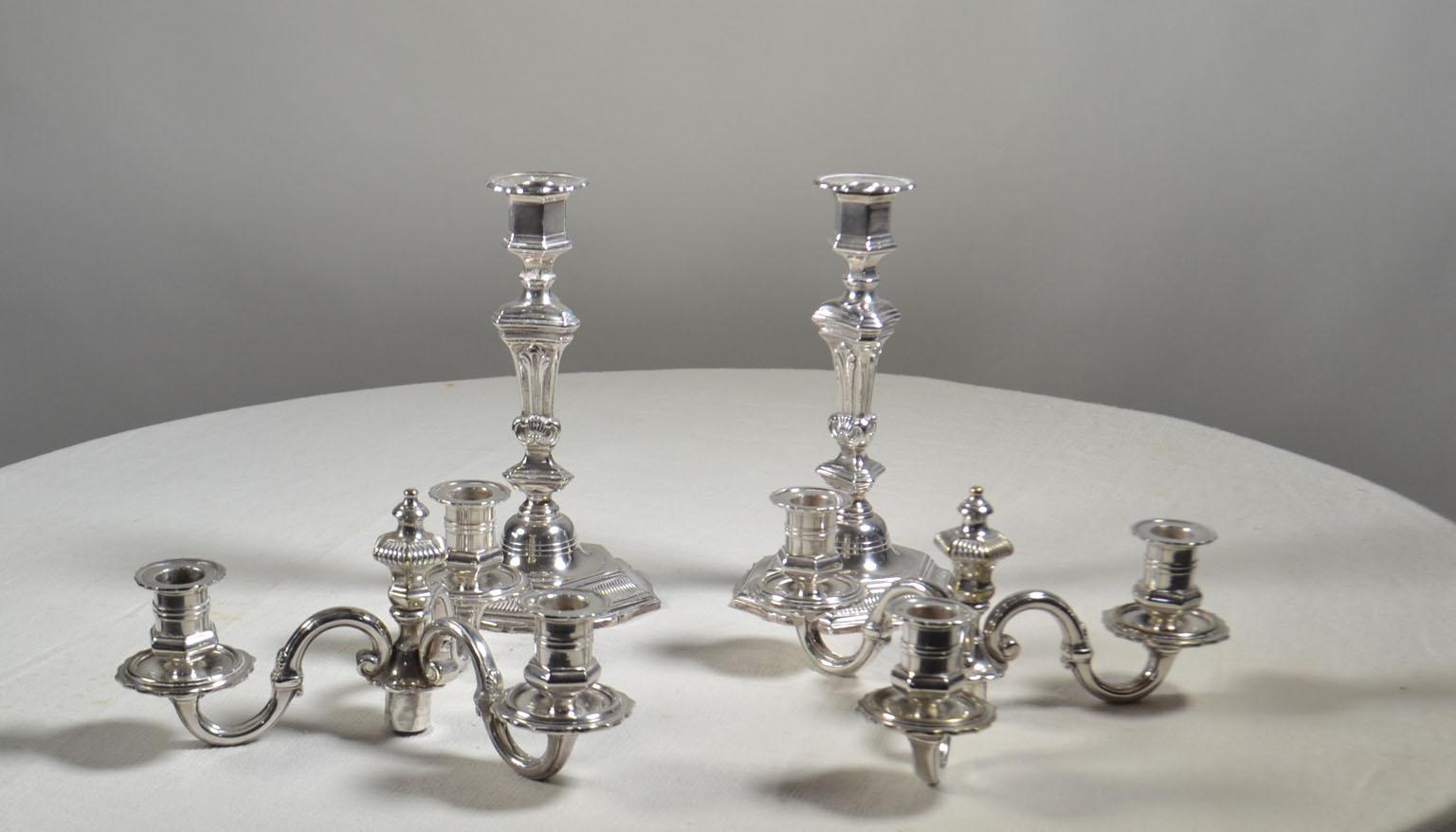 Silvered Pair of Silver Plated Bronze Candelabras, converts to Single Candlesticks For Sale