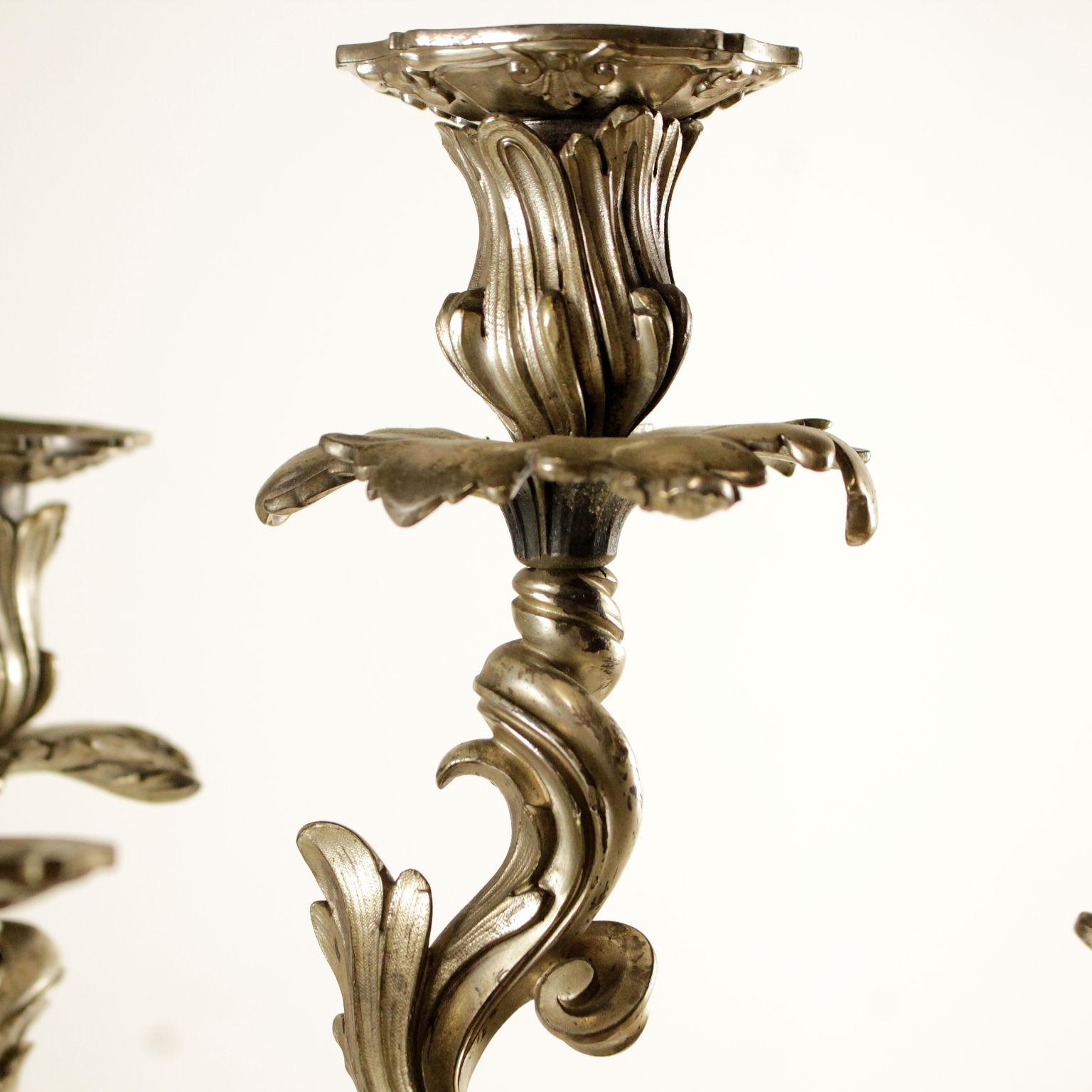 Silvered Pair of Silver Plated Bronze Candlesticks, Italy, Late 1800s