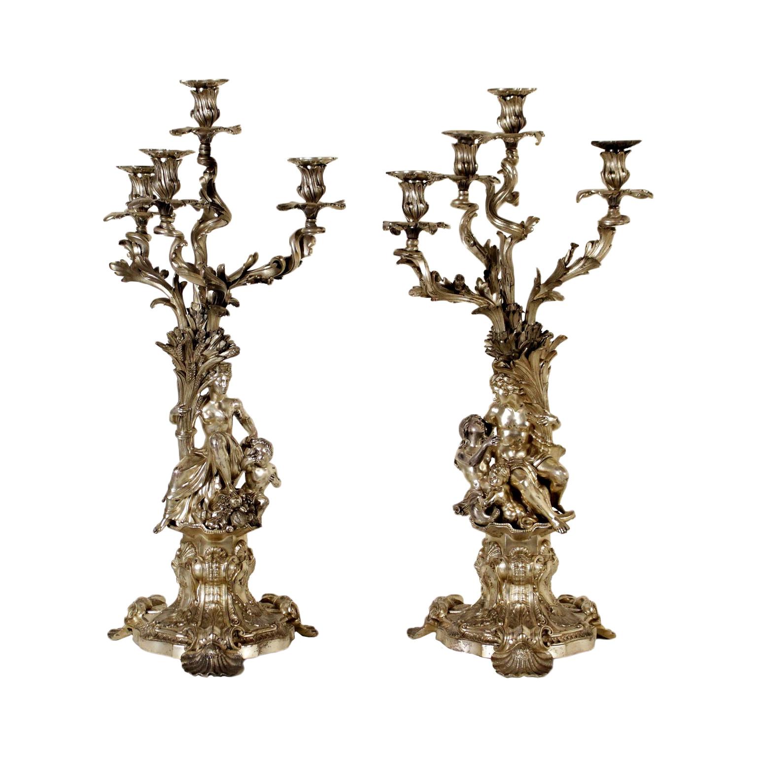 Pair of Silver Plated Bronze Candlesticks, Italy, Late 1800s