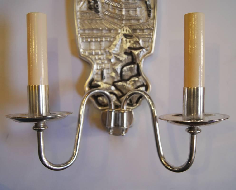Mid-20th Century Pair of Silver Plated Bronze Chinoiserie Sconces For Sale