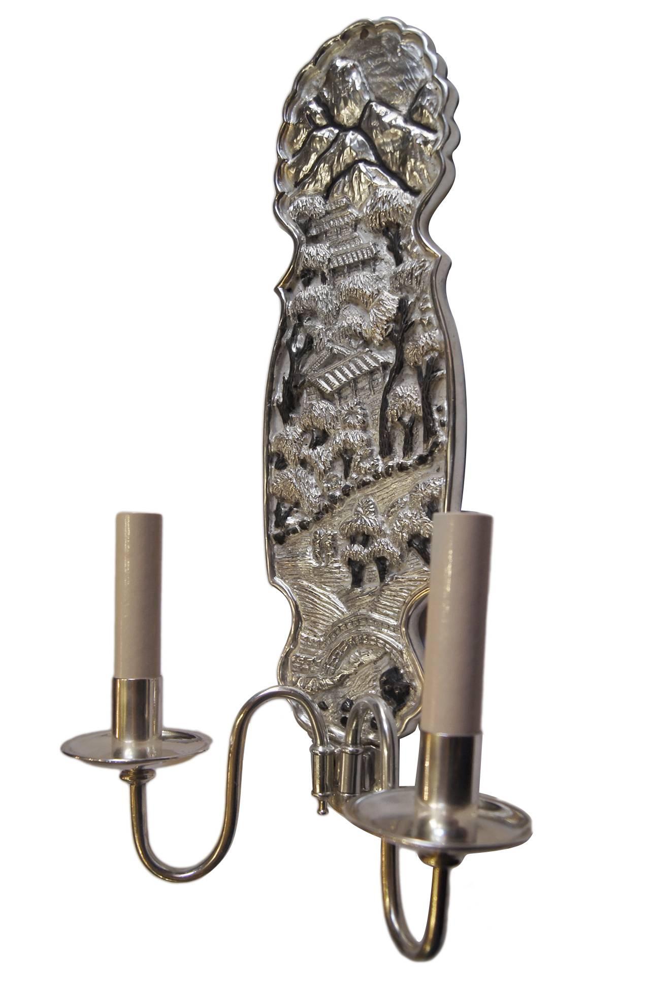 Pair of Silver Plated Bronze Chinoiserie Sconces For Sale 5