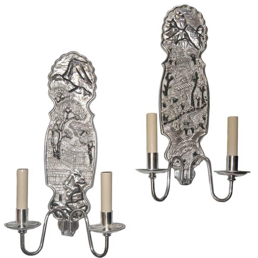 Pair of Silver Plated Bronze Chinoiserie Sconces For Sale