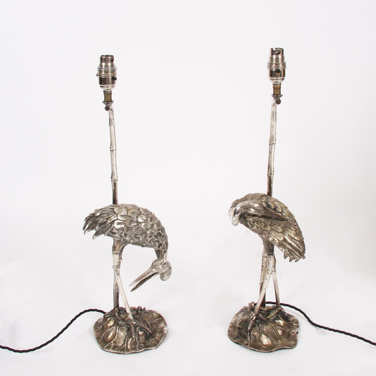 Pair of Silver Plated Bronze Valenti Bird Table Lamps 8