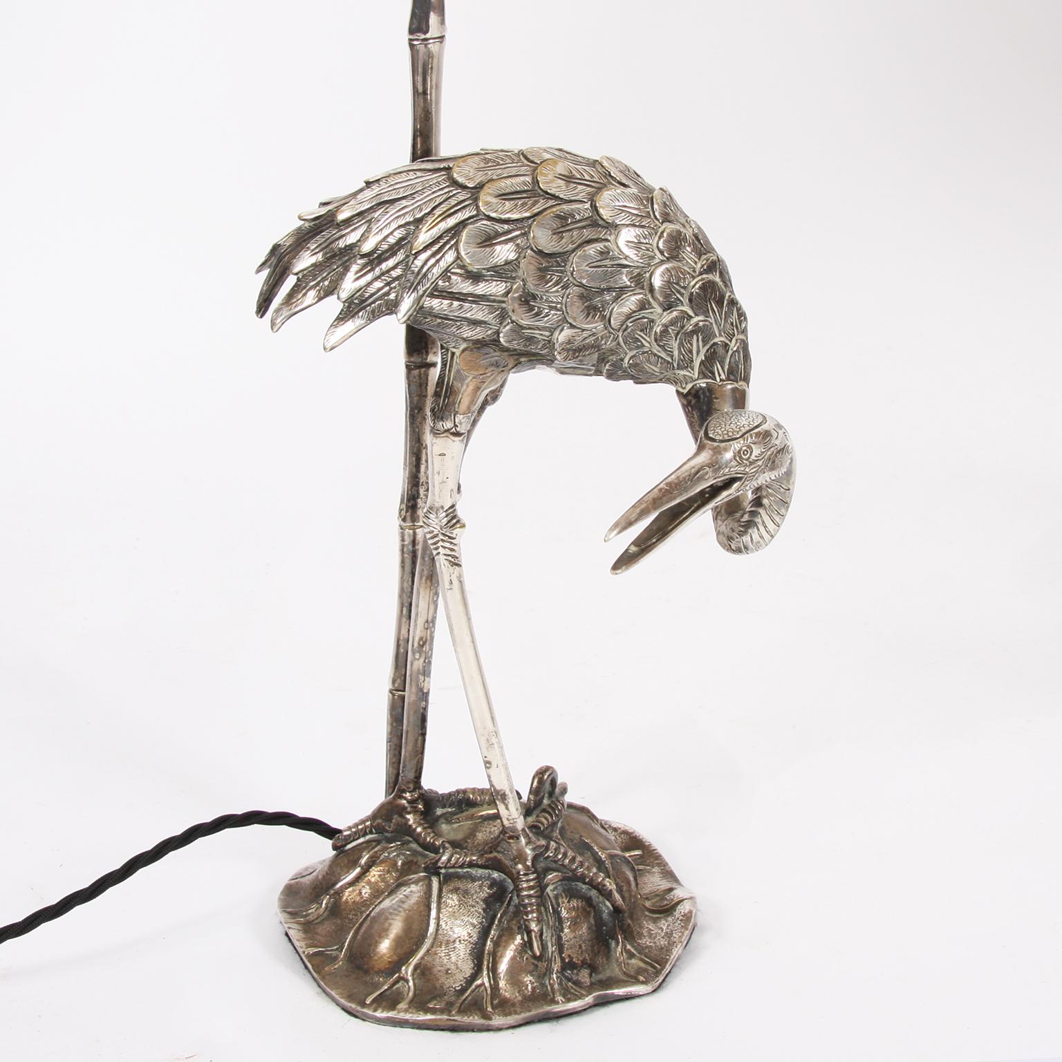 Spanish Pair of Silver Plated Bronze Valenti Bird Table Lamps