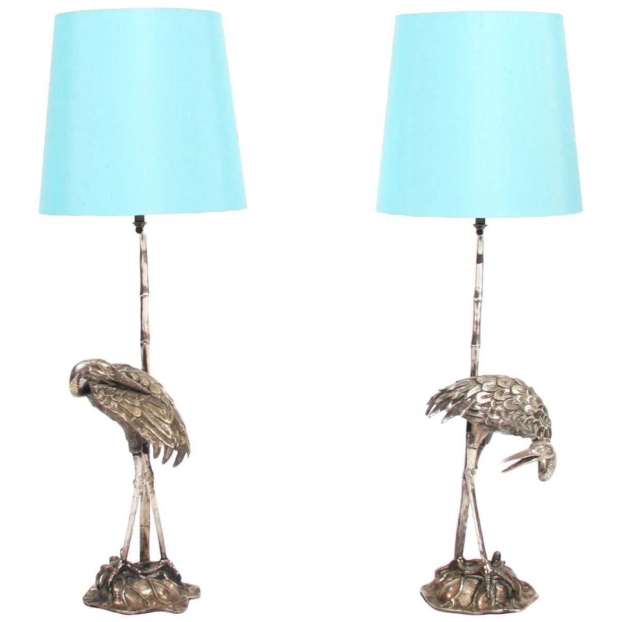 Pair of Silver Plated Bronze Valenti Bird Table Lamps