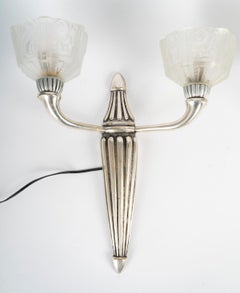 Pair Of Silver-Plated Bronze Wall Sconces With Glass Shades, Art Deco, 1930.