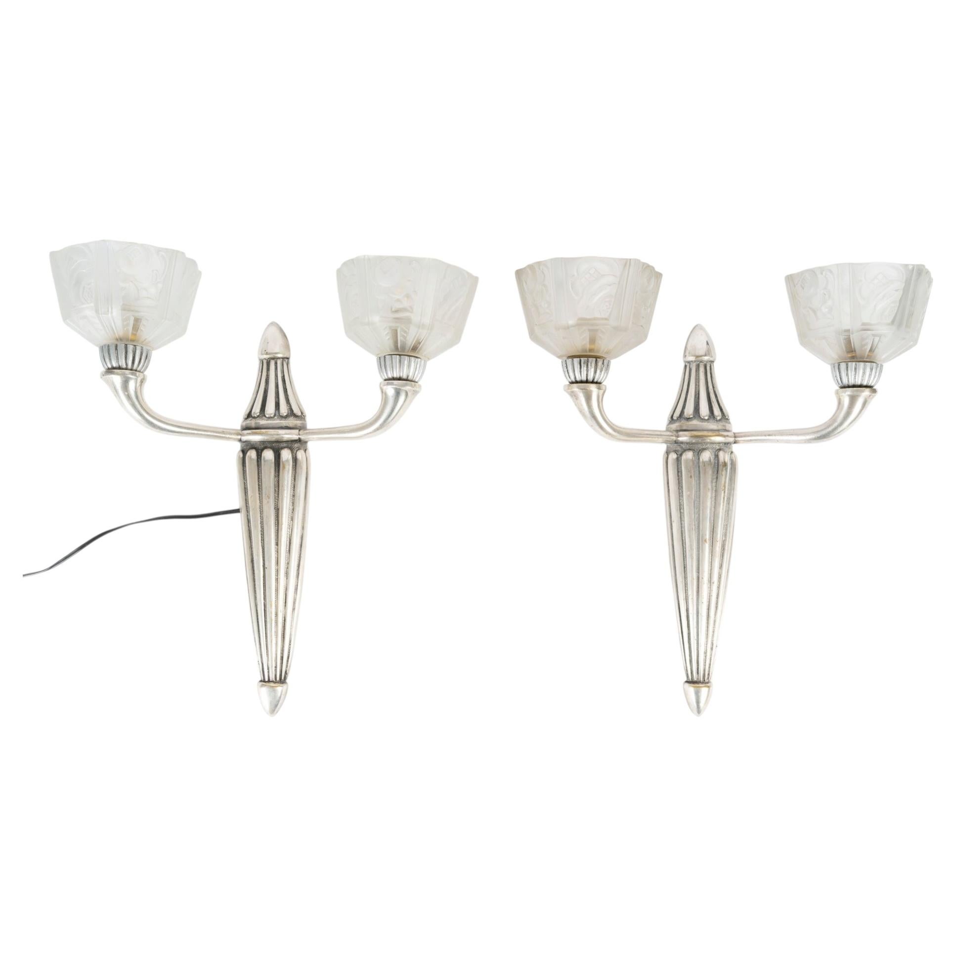 Pair Of Silver-Plated Bronze Wall Sconces With Glass Shades, Art Deco, 1930.