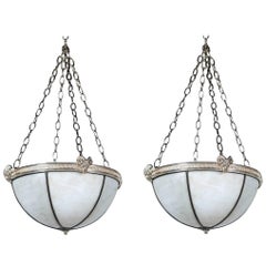 Antique Pair of Silver Plated Caldwell Leaded Glass Light Fixtures with Interior Lights